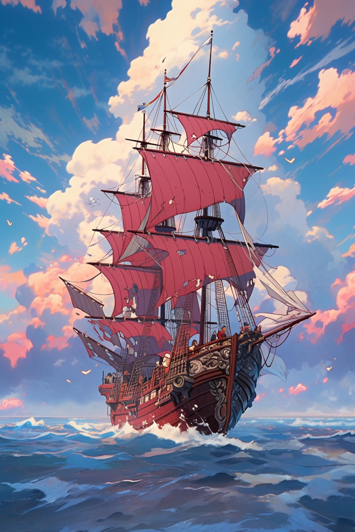 Flying Yuurei Ship Hayao Miyazaki in open ocean