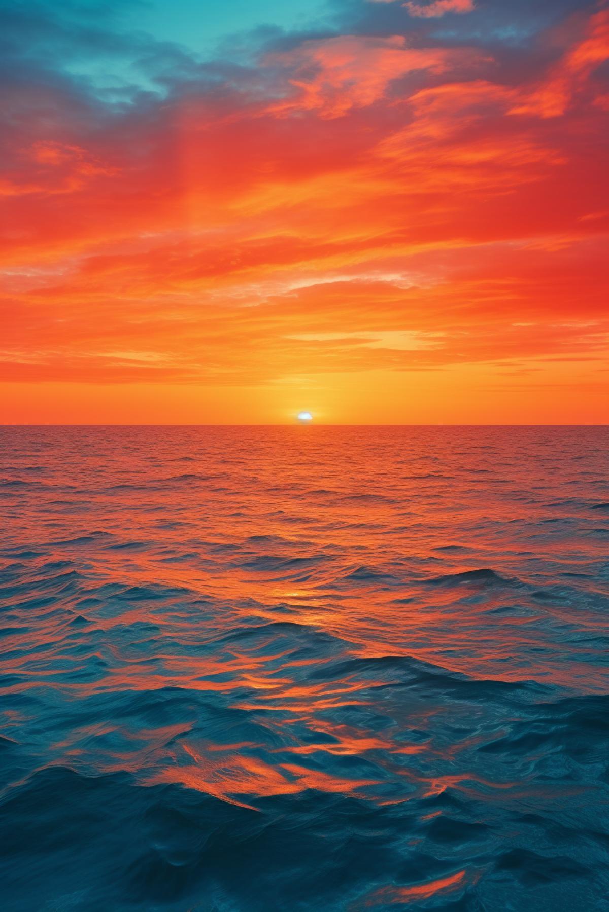 Majestic endless open ocean under sunset use orange palette only