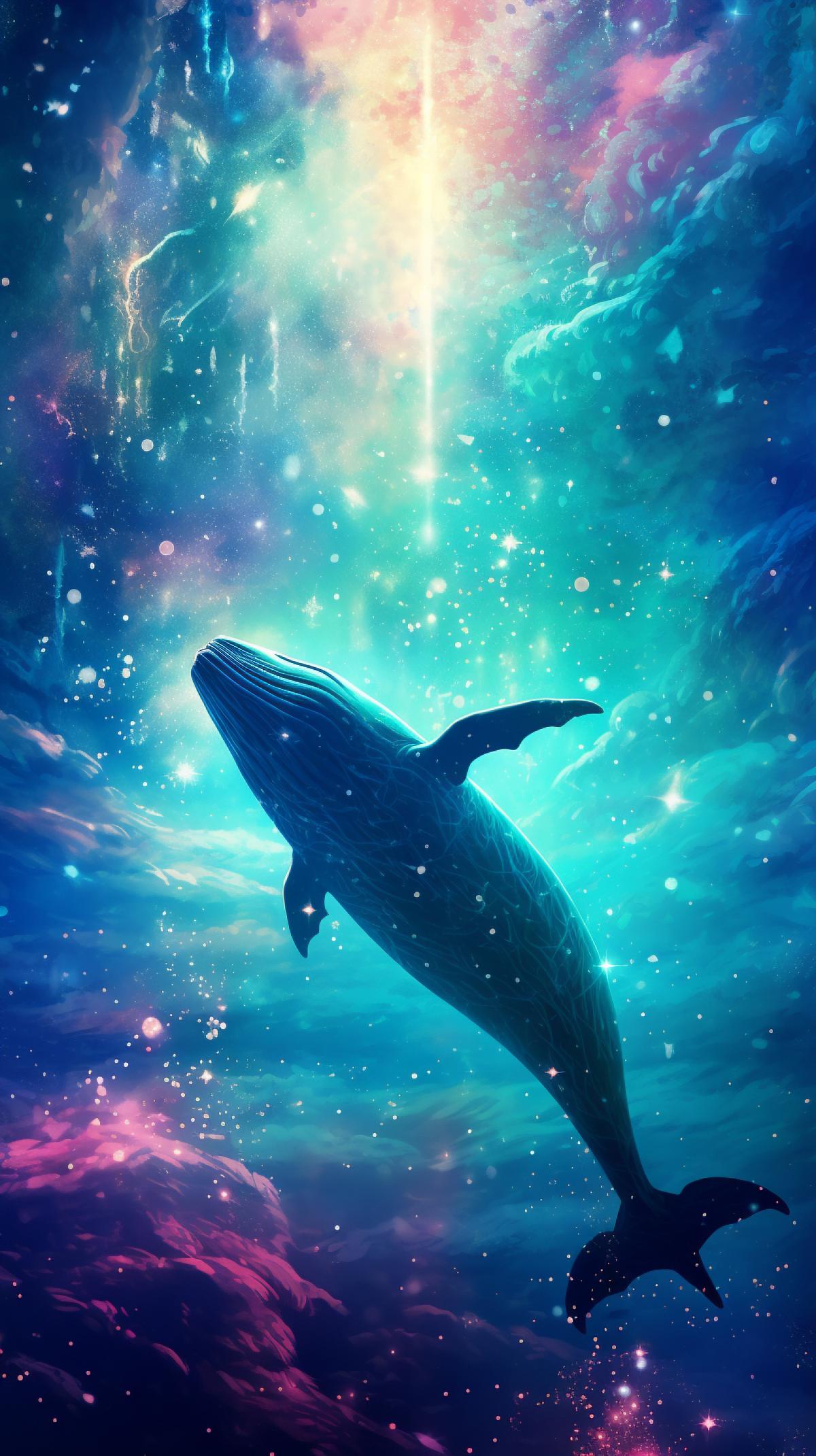An underwater view where the surface above creates a mirror effect, reflecting a whale swimming alongside a school of shimmering fish, colorful star nebula in sky above creating spectacular jewel-toned gradients in water
