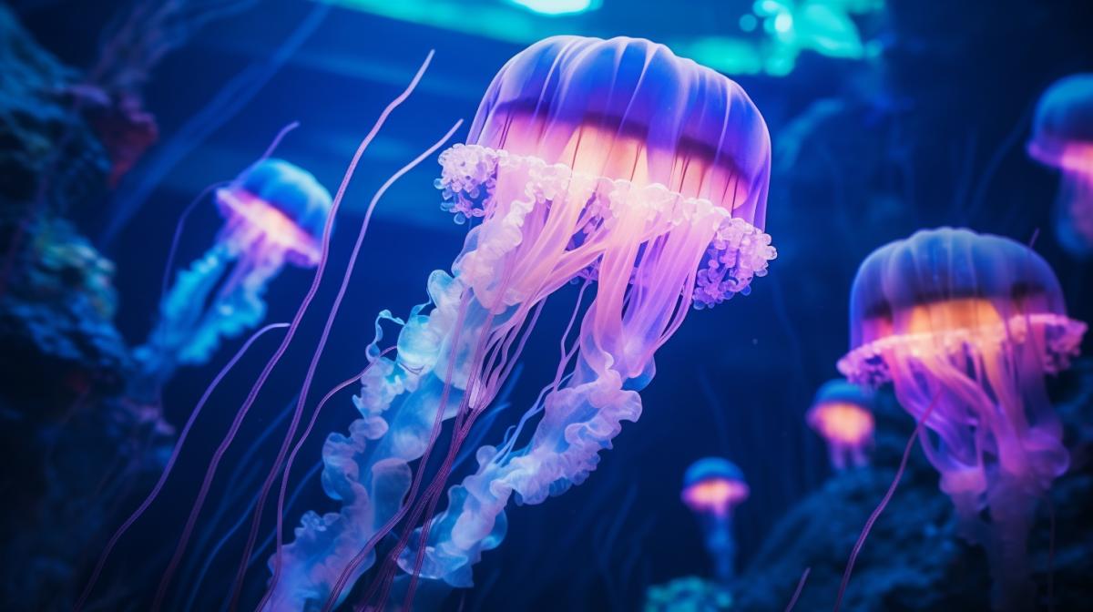 closeup shot, ultra-realistic macro photo, underwater photography, jellyfish swimming in a coral reef, neon light, intricate details, 8k