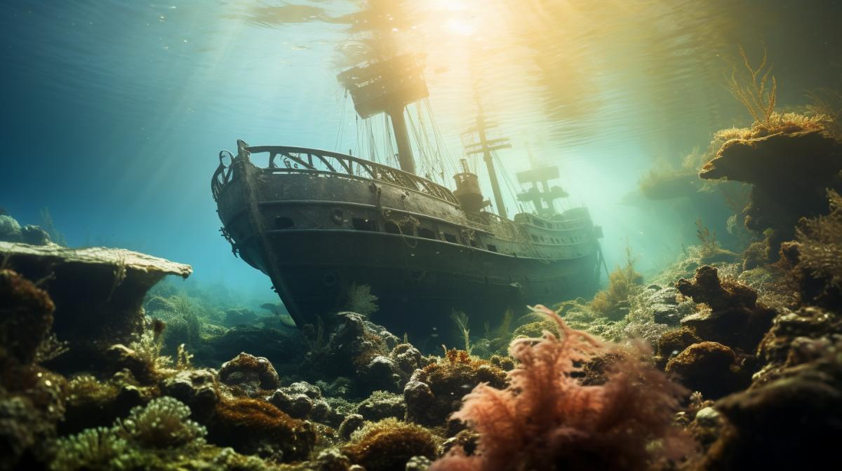 breathtaking beauty underwater shot of a sunken 18th century frigate on the ocean floor, precious sunbeams reflect on the surface of the water, penetrating into the waters deeper layers and creating iridescent reflections, corals, marine wildlife, tilt-shift lens, award-winning photography, tilt angle perspective, low angle, underwater scene, opaline bubbles, shimmering ripples, magic atmosphere, clear sea-water, dreamy, dreamlike, heavenly soft light, smooth, hyper-detailed, beautifully color-coded, photorealistic, intense shading, clean sharp focus, depth of field, dynamic angle, dynamic com4k