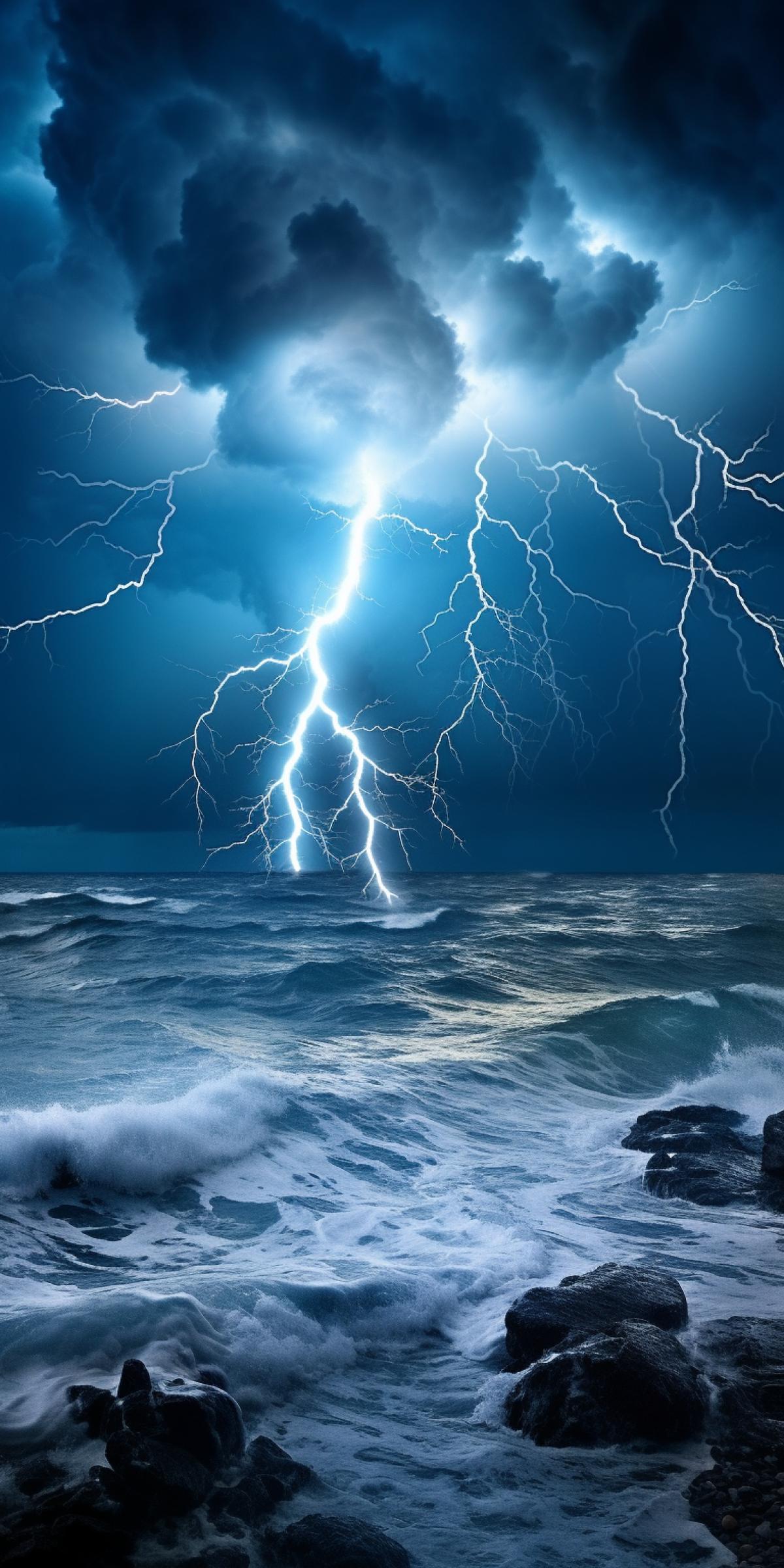 breathtaking photo, thunderstorm over the ocean, lightning, big waves, violence of the elements
