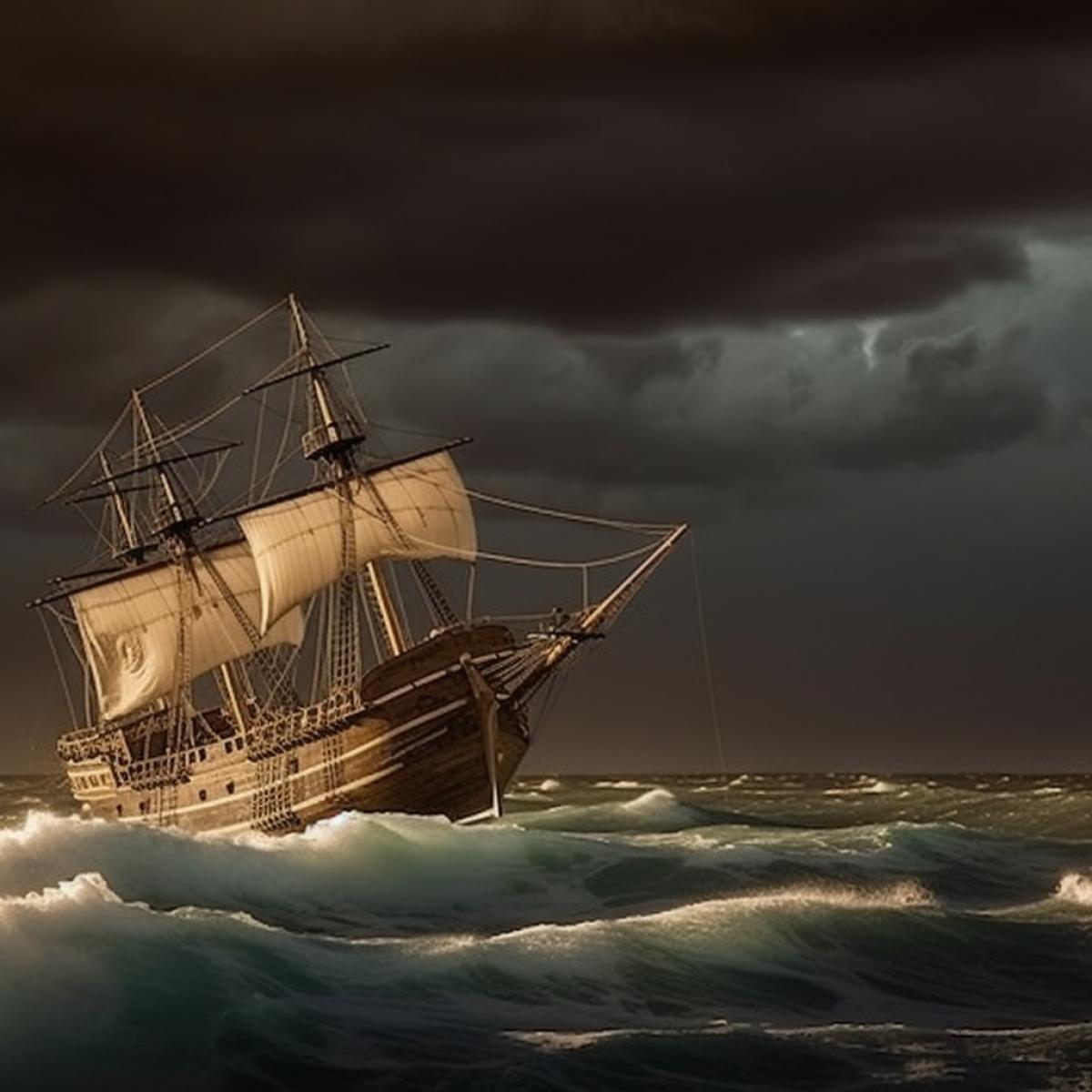 Storm in the ocean, tsunami resembling a giant skull over a sailing boat, night ocean, high waves, strong wind, realistic, cinematic, dramatic, hyperdetailed, hyperrealistic, horror atmosphere