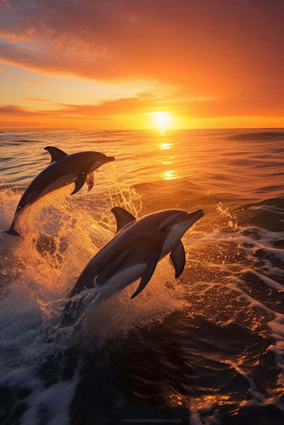 Majestic ocean at sunrise, soft pastel sky reflecting on gentle waves, serene atmosphere, wide-angle view, dolphins breaching in golden light, shallow depth of field focusing on the marine life.