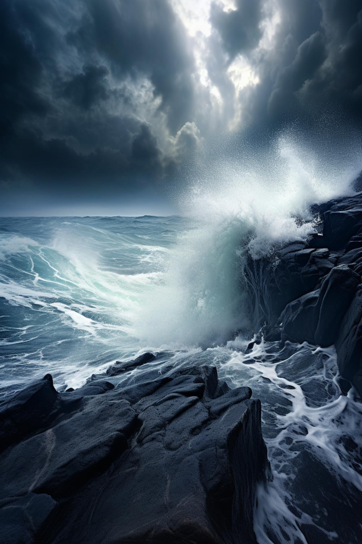 Cliffside view of a stormy ocean, dramatic dark clouds, turbulent waves crashing against rocks, cool blue and gray tones, dynamic lighting casting sharp shadows, high contrast scene