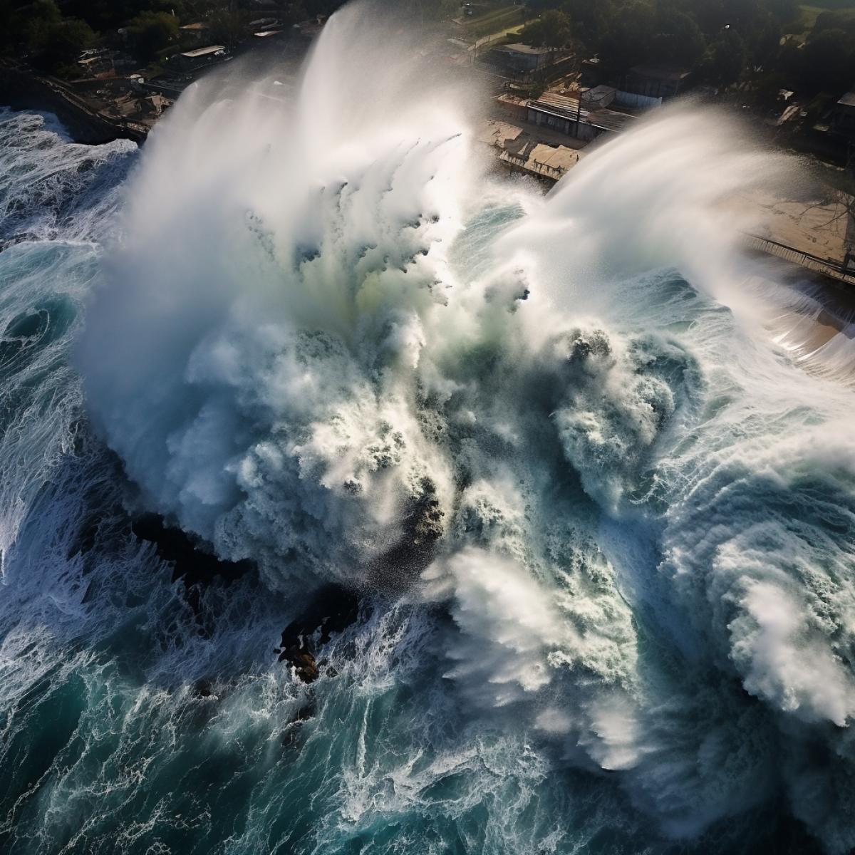 aerial photo view, raging ocean, huge waves, lightning, the raging elements, breathtaking