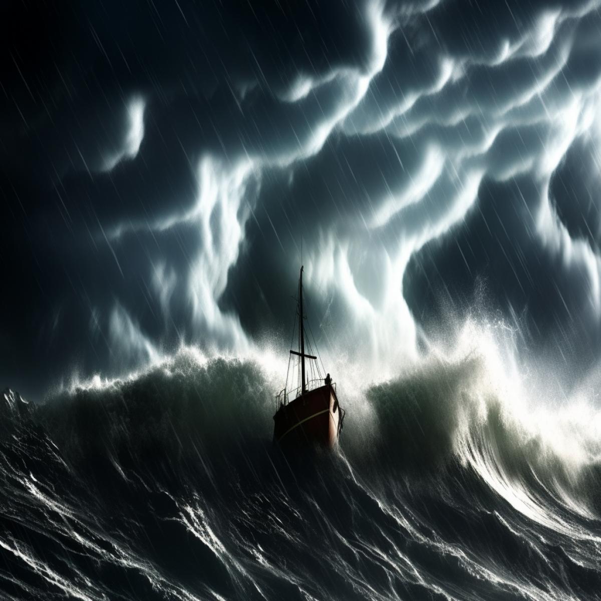 Storm in the ocean, tsunami resembling a giant skull over a sailing boat, night ocean, high waves, strong wind, realistic, cinematic, dramatic, hyperdetailed, hyperrealistic, horror atmosphere