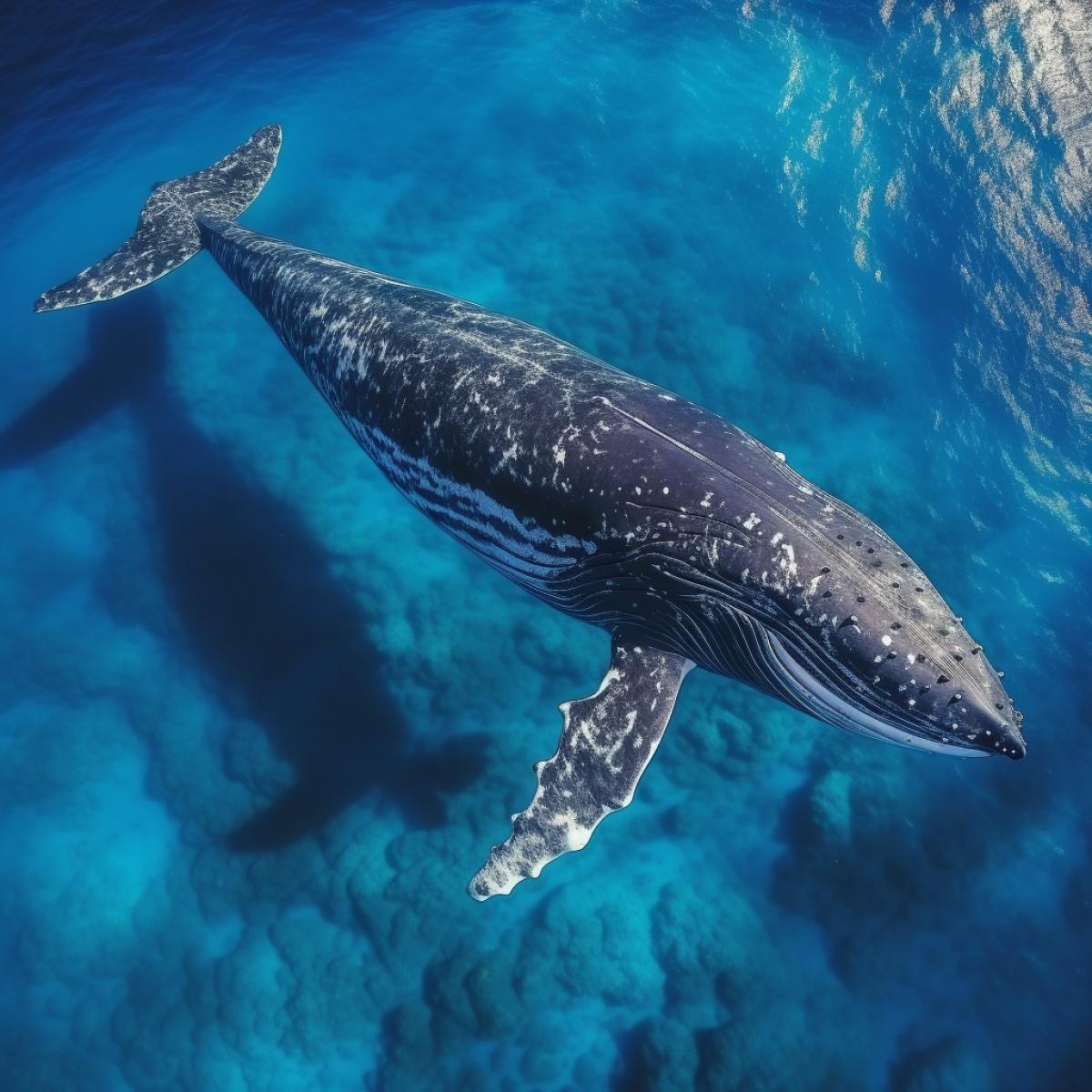 aerial photo view, breathtaking photo, a giant whale floats to the surface of the ocean, sun rays, azure water