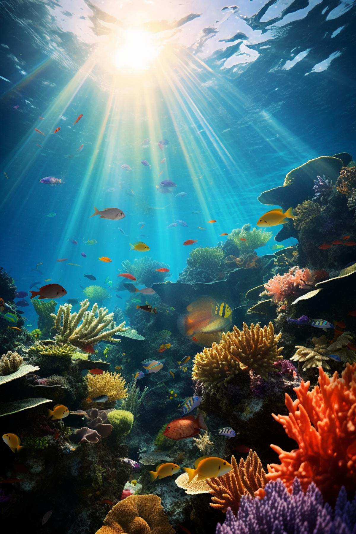 Underwater perspective of a coral reef, diverse vivid colors, clear sunbeams filtering through the water, schools of tropical fish, medium shot with soft background, tranquil and mystical ambience.
