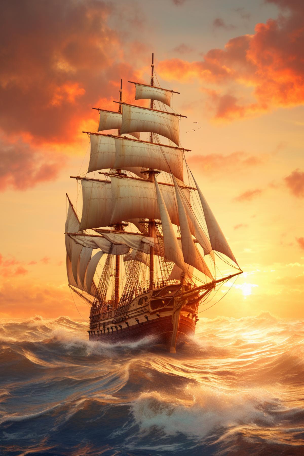 Vintage tall ship sailing on the vast ocean at sunset, crimson and orange hues, billowing white sails, detailed wooden textures, calm sea with subtle ripples, distant horizon line, nostalgic feel.
