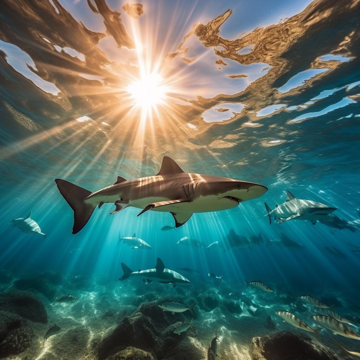 breathtaking shot, sharks float to the surface of the ocean, sun rays, azure water
