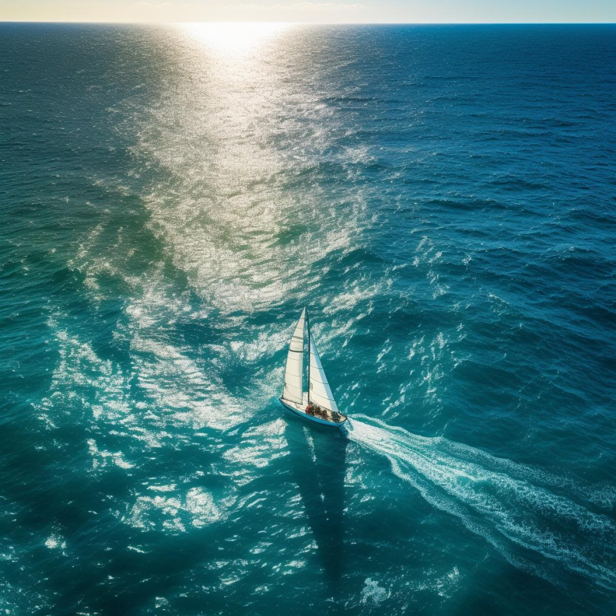 aerial photo view, breathtaking shot, small sailboat in a huge ocean, sun rays, azure water, big waves