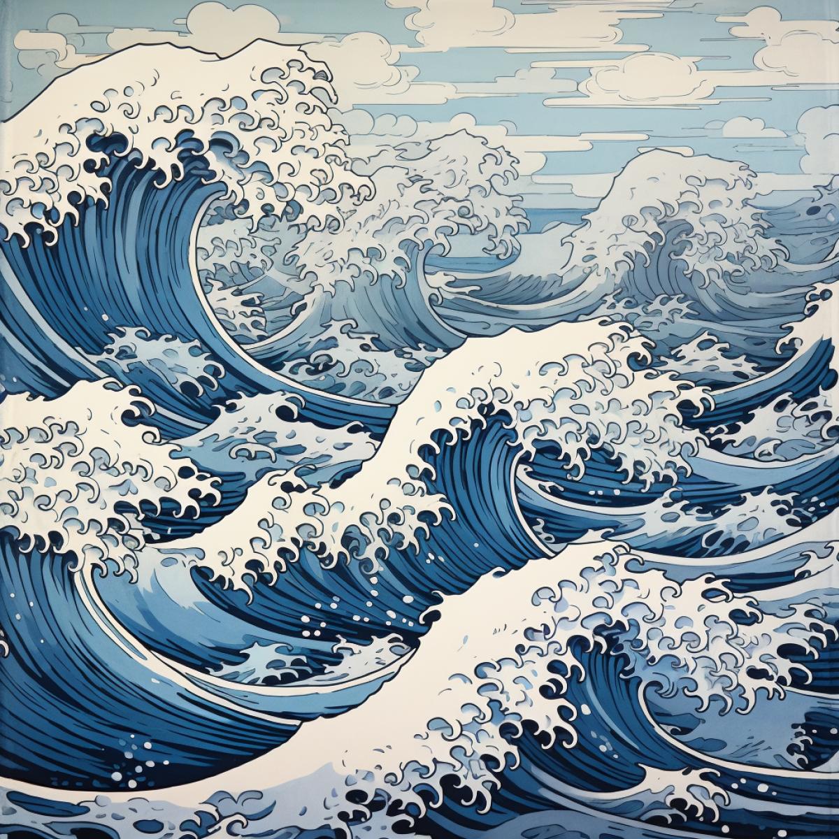 Breathtaking drawing of the ocean, in the style of Hokusai