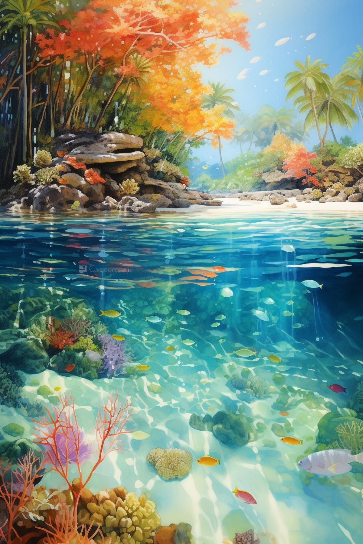 Tropical shallow waters, crystal-clear with sunlight filtering to the sandy bottom, vibrant coral, marine life, warm colors, watercolor technique.