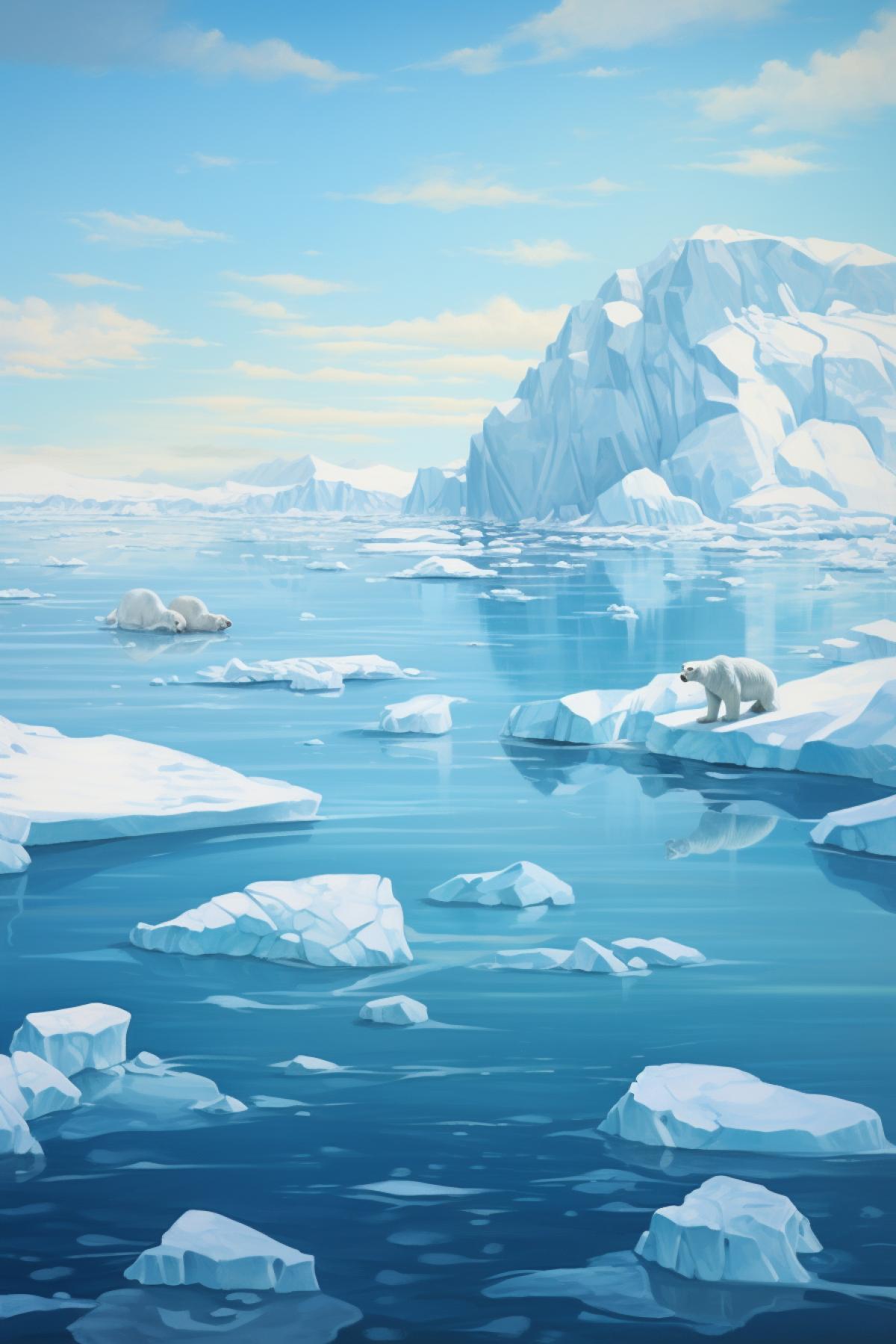 Arctic ocean vista, icebergs floating, polar bears in view, soft sunlight with a cold blue color palette, detailed texture of ice, serene and majestic.