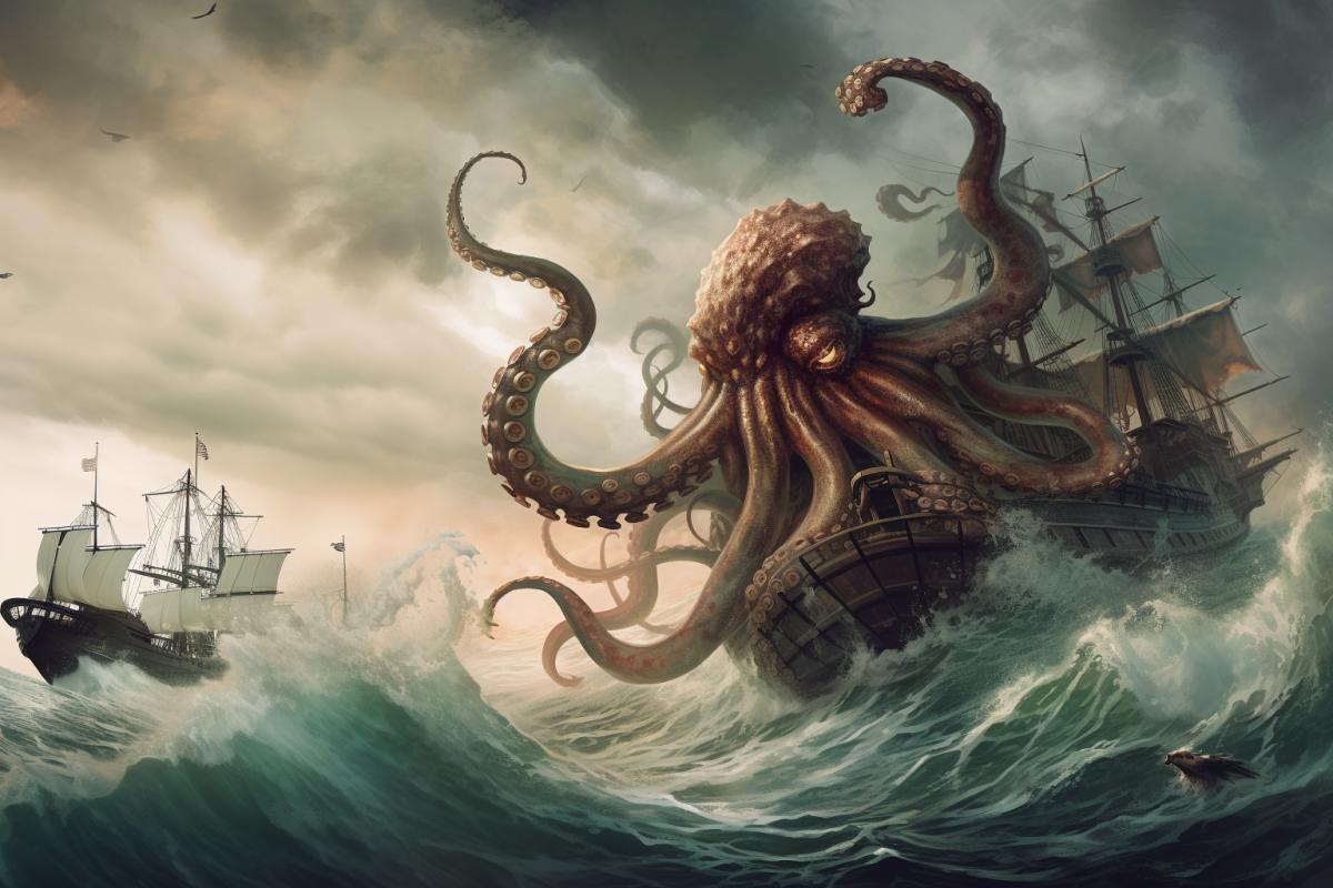 A large octopus sinks a ship, strength, power, greatness,