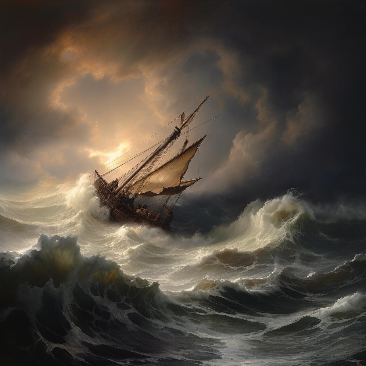 breathtaking drawing of a raging ocean, in the style of Aivazovsky
