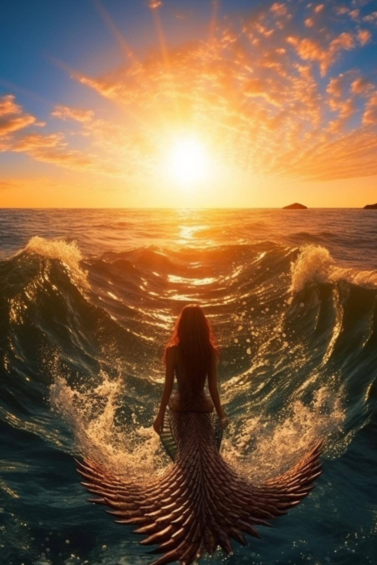 Beautiful 25-year-old mermaid fishtail happy over majestic endless ocean under the sun general view