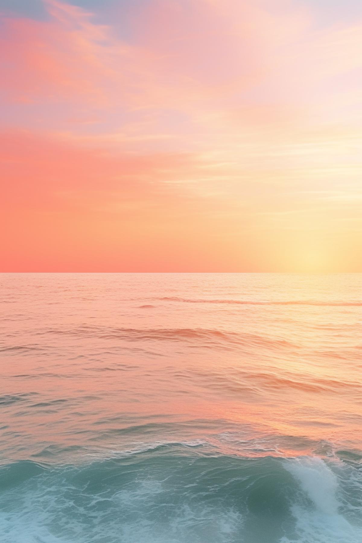 Calm ocean at golden hour, sun setting on the horizon, smooth waves, pastel sky colors, realistic style, peaceful atmosphere, expansive view