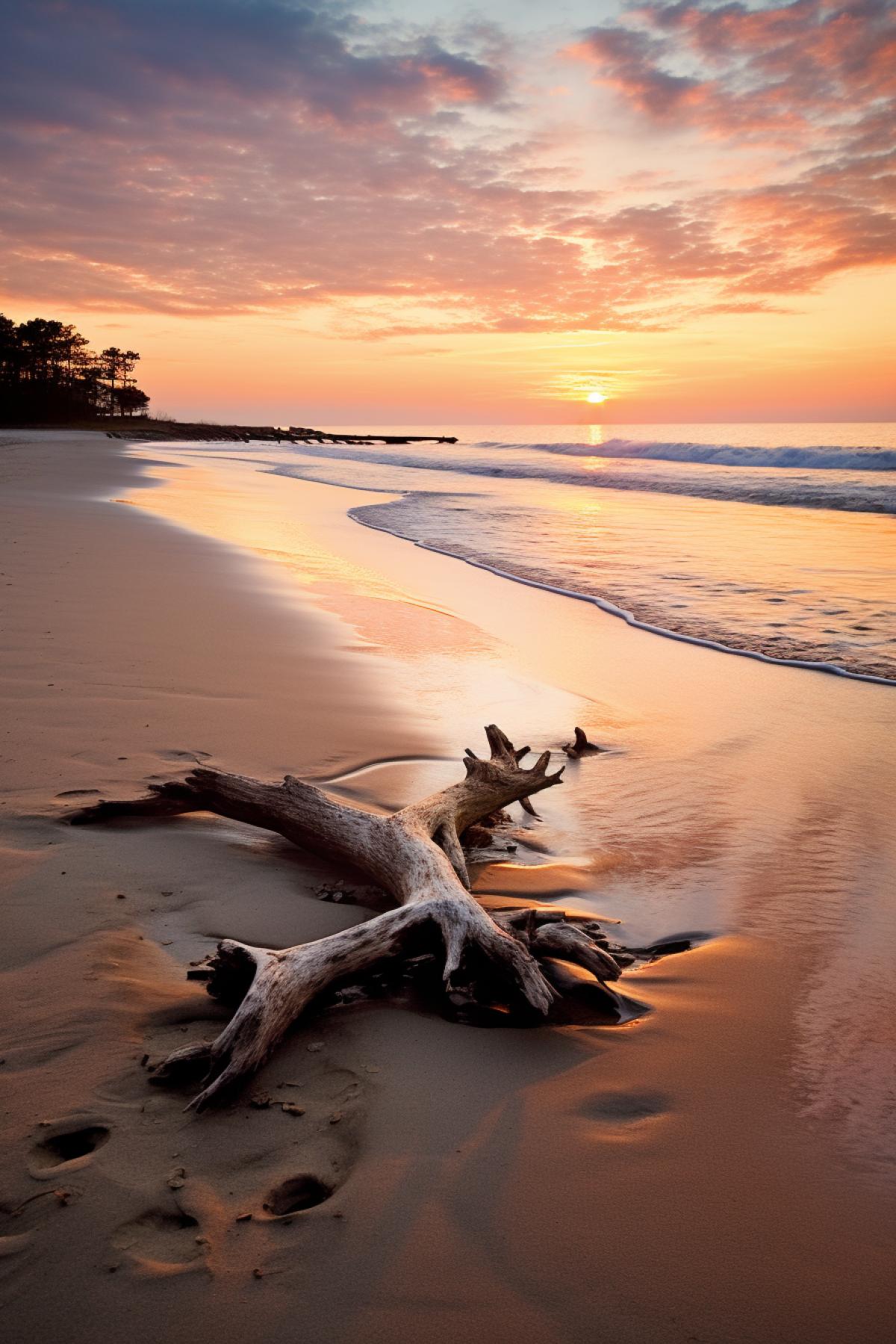A serene, sandy beach at dawn offers a tranquil retreat, where gentle waves caress the shore. Footprints in the damp sand tell the story of an early morning stroll, while a lone figure watches the sunrise. Seashells and driftwood accentuate the natural beauty of the coastline. The scene captures the peaceful solitude of a beach sunrise, inviting viewers to savor the quiet moments by the oceans edge.