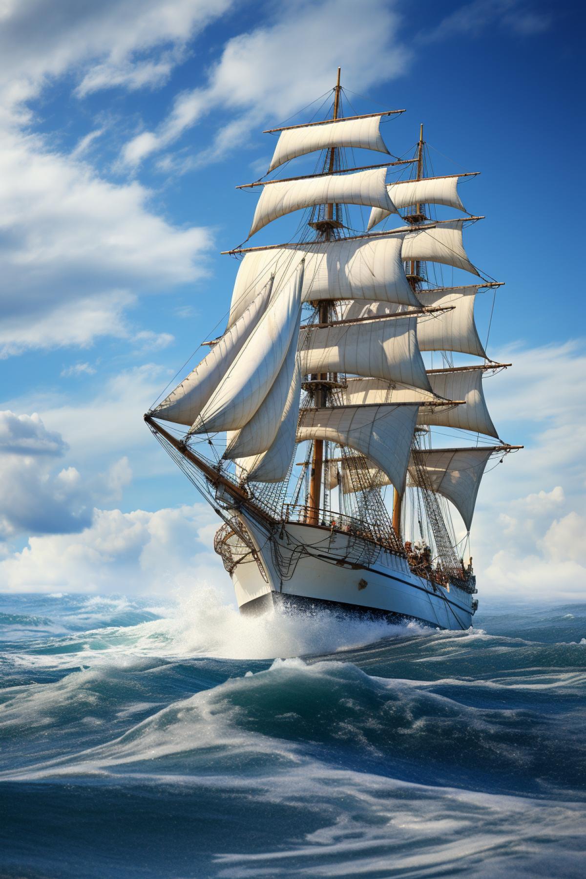 Embark on a maritime adventure aboard a classic tall ship navigating through the open sea. The crisp sea breeze fills the sails as the crew works in harmony, framed against a backdrop of endless blue ocean. Seabirds gracefully soar overhead, adding to the sense of seafaring nostalgia. This timeless com4k captures the spirit of exploration and the enduring allure of the open water.
