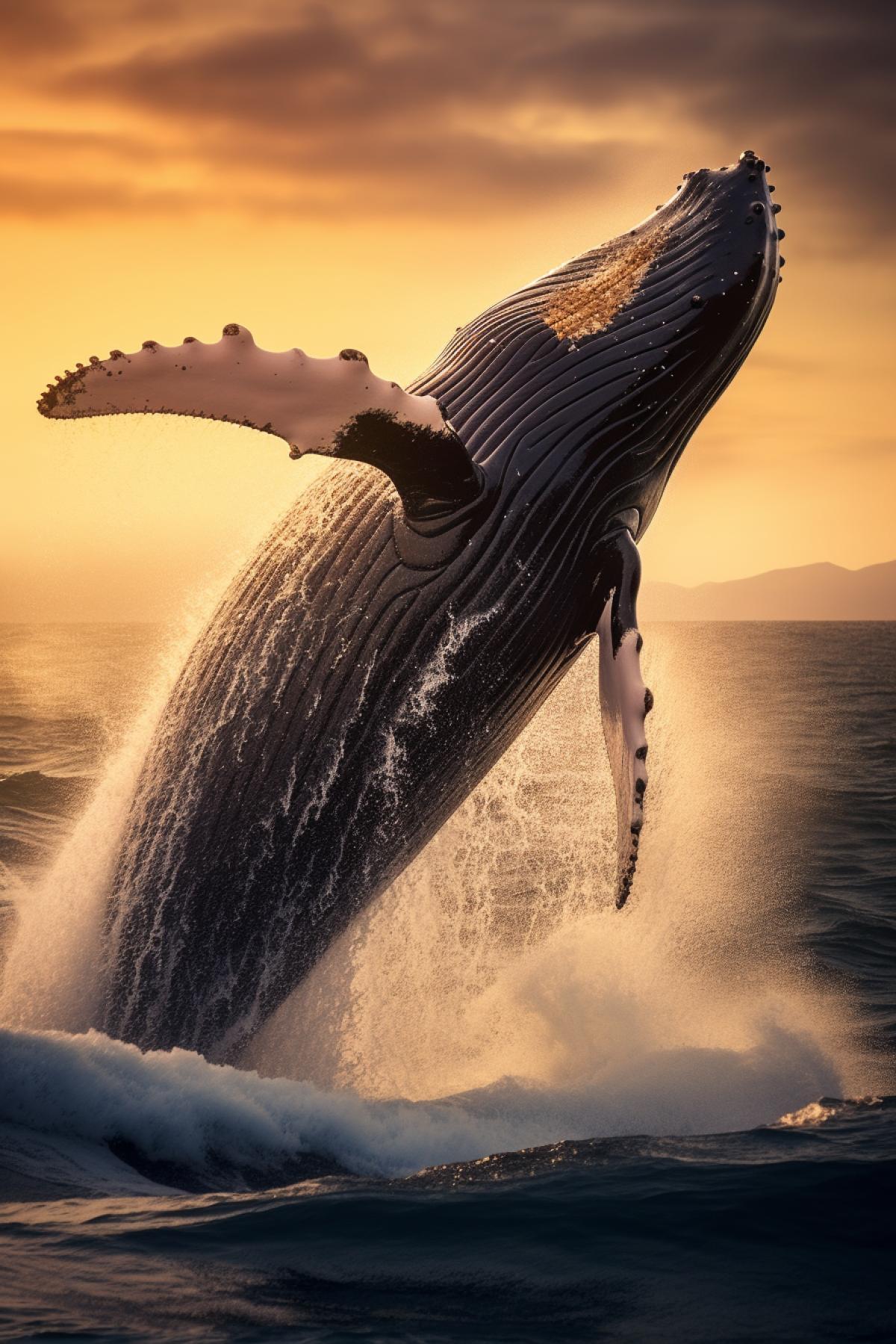 A cinematic seascape captures a majestic humpback whales migrating across a vast, sun-kissed ocean. The play of light on the water highlights the sheer power and grace of these marine giant. A distant coastline, bathed in golden sunlight, hints at the symbiotic relationship between the ocean and terrestrial life. This evocative snapshot celebrates the beauty of natures harmony.