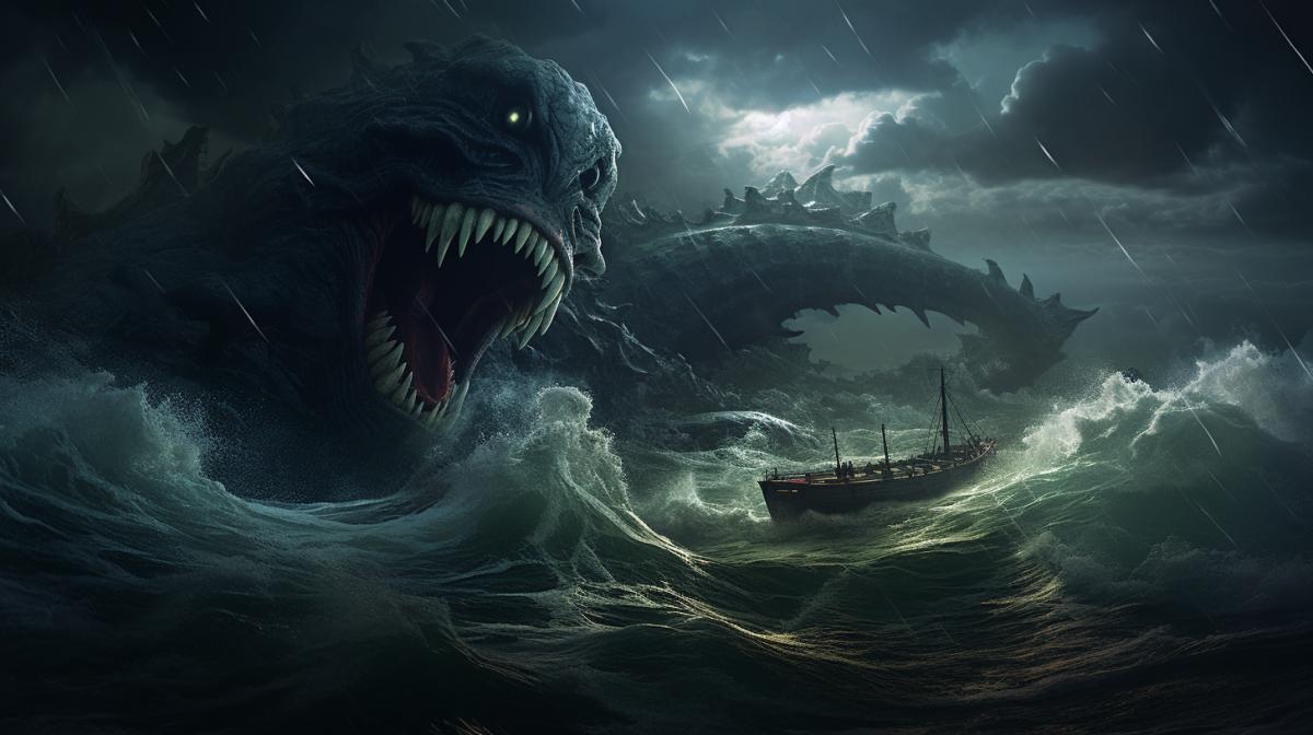 Beautiful huge Ocean, night, storm, large ship at sea, a huge sea monster of a snake-like shape peeks out from the ocean, high quality, good detail, atmosphere of horror, Lovecraftism, arthouse