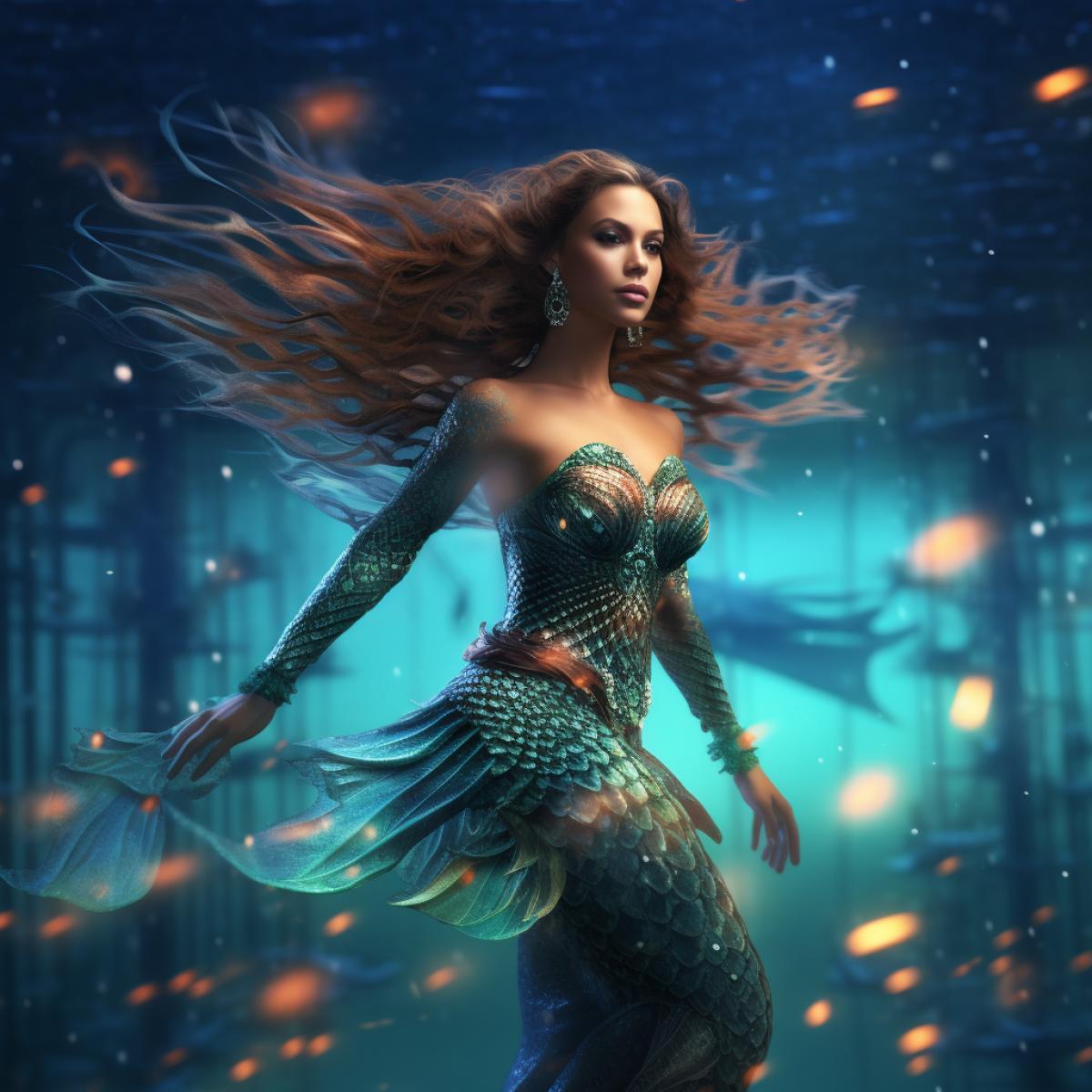 glamour full length shot of a scandalous and flirty mermaid with a gorgeous tail of shimmering scales, floating in the depths of the ocean, spicy fairy-tale atmosphere, supermodel body, mischievous smile, luxurious 4k, muse, stunning, intricately detailed, beautifully color-coded, unreal engine, octane render, natural lighting