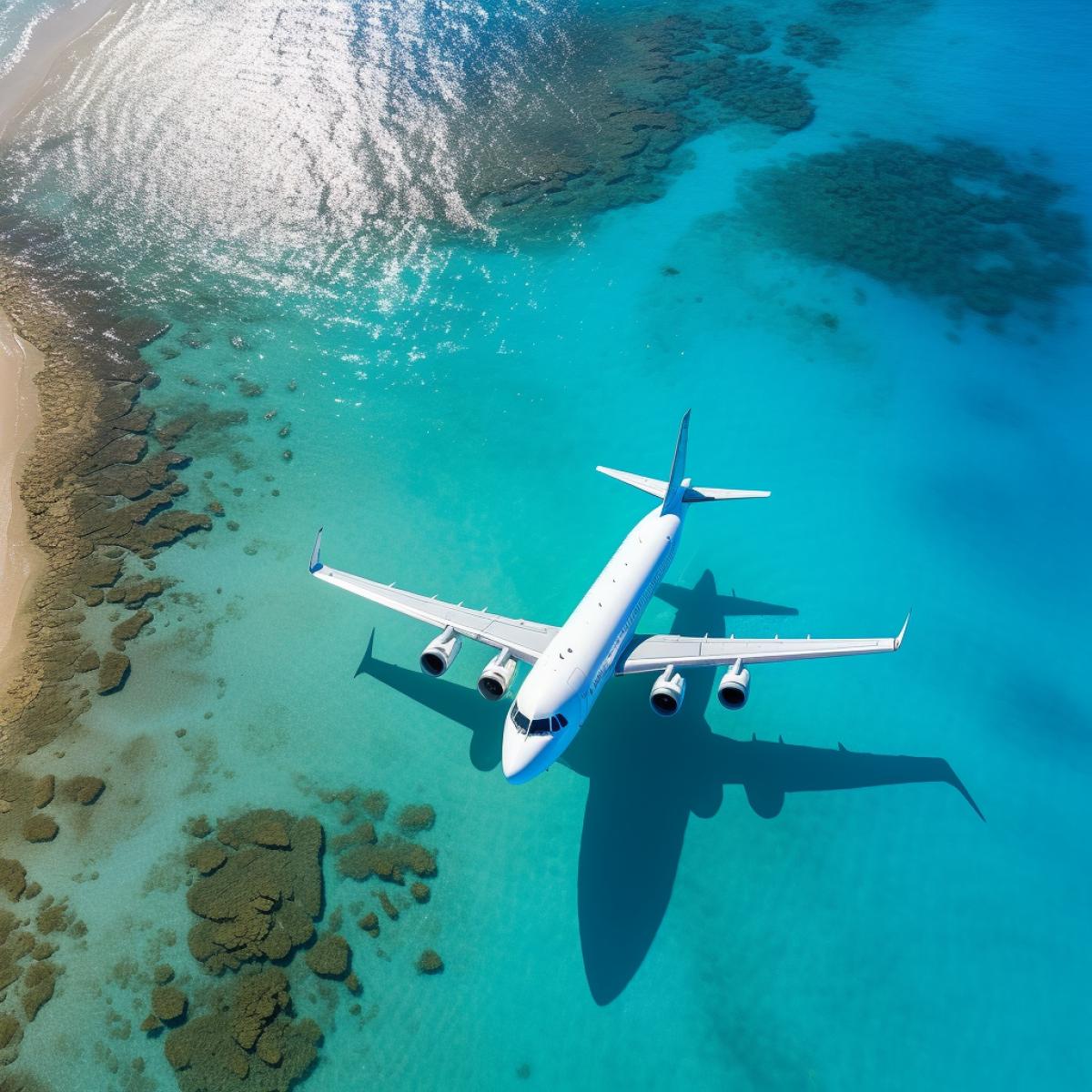 aerial photo view, breathtaking shot, Airplane over the ocean, shade, sunlight, azure water,