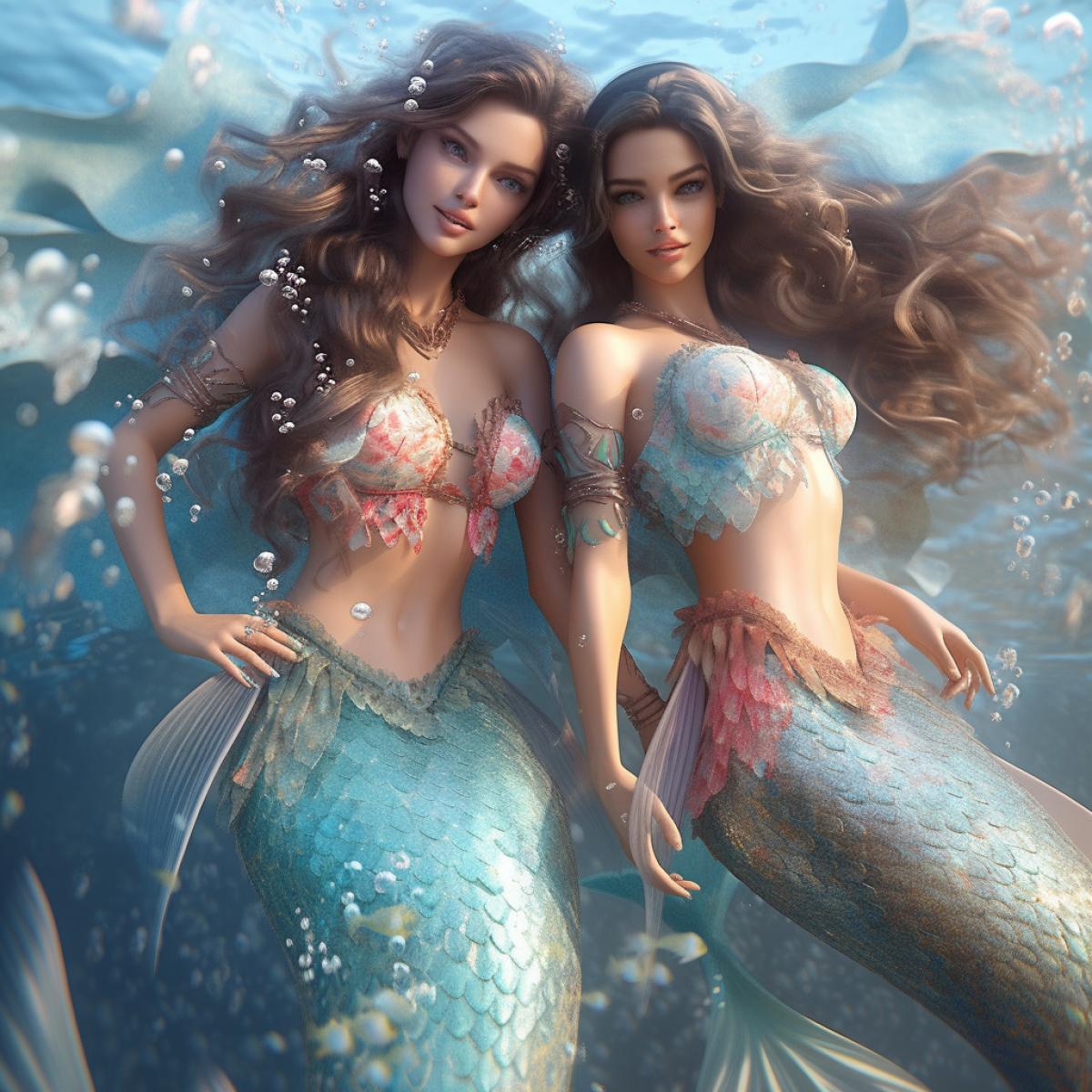 glamour full length shot of a scandalous and flirty mermaids with a gorgeous tails of shimmering scales, floating in the depths of the ocean, spicy fairy-tale atmosphere, supermodel body, mischievous smile, luxurious 4k, muse, stunning, intricately detailed, beautifully color-coded, unreal engine, octane render, natural lighting
