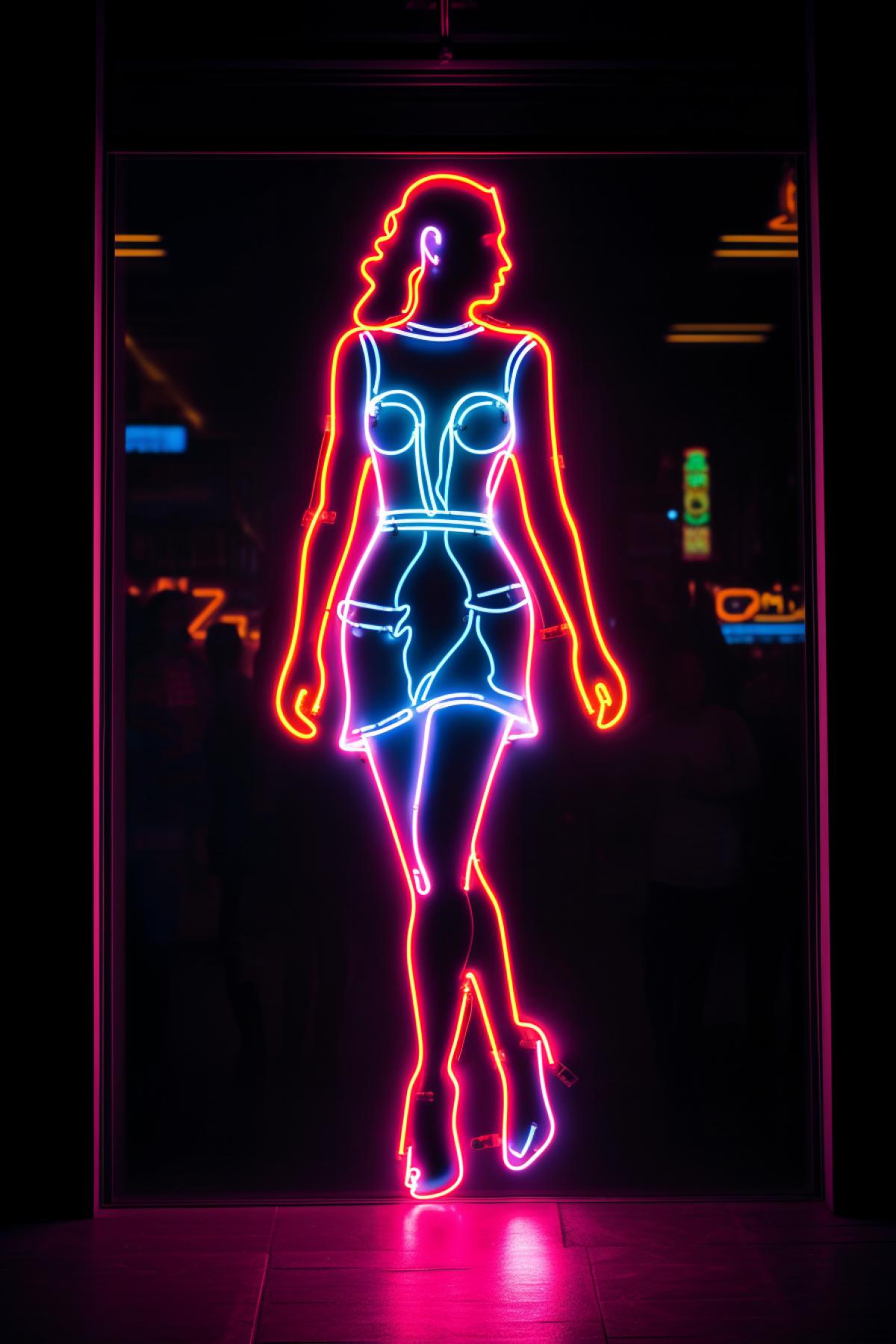 A sign made of neon lights, flashing bright colors, attracts the attention of passers-by, Side view, silhouette photography, infographic drawing, UHD, high detail