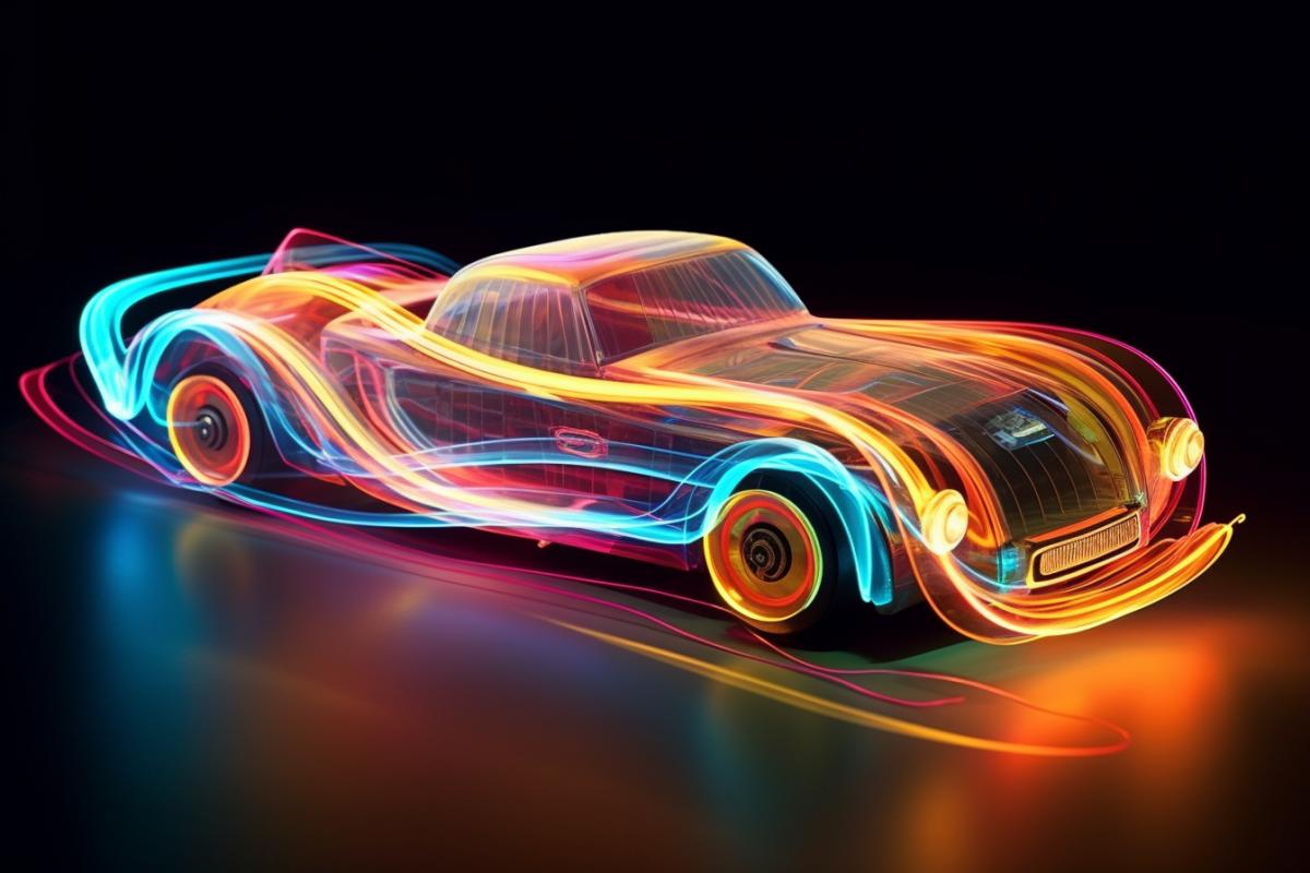 generate a surreal neon-bright toy car stylish fold and bend, swerling in the winds of a tornado frozen in time