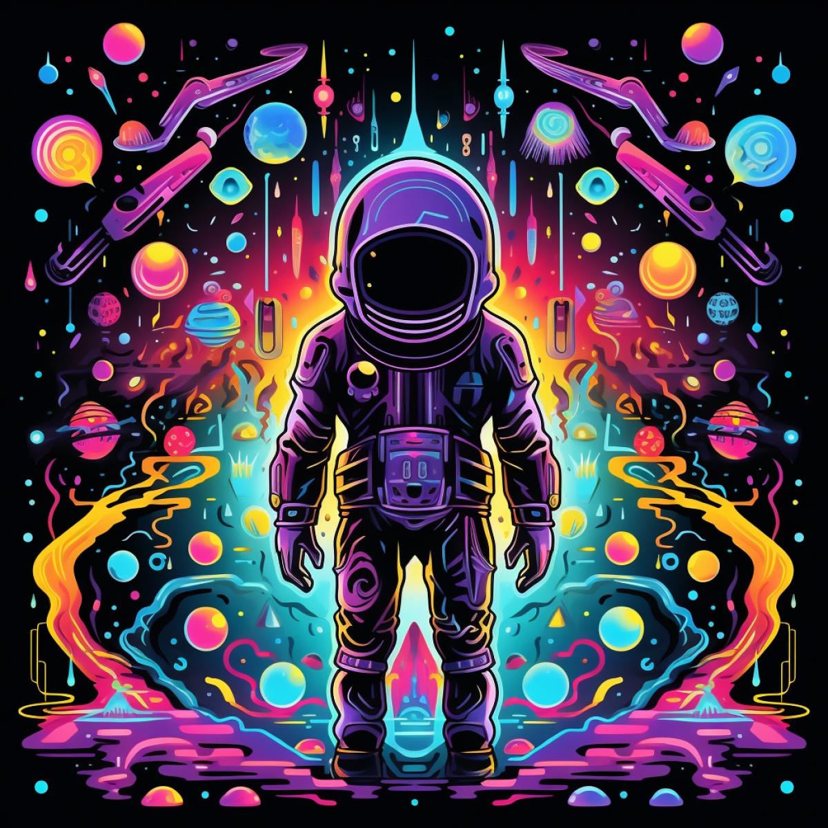 dark neon, holographic, universe, quantum physics acid trip, vector drawing in the 2D game, cartoon style, vector illustration, soft color tone, outline,by The Swop, Trending on artstation