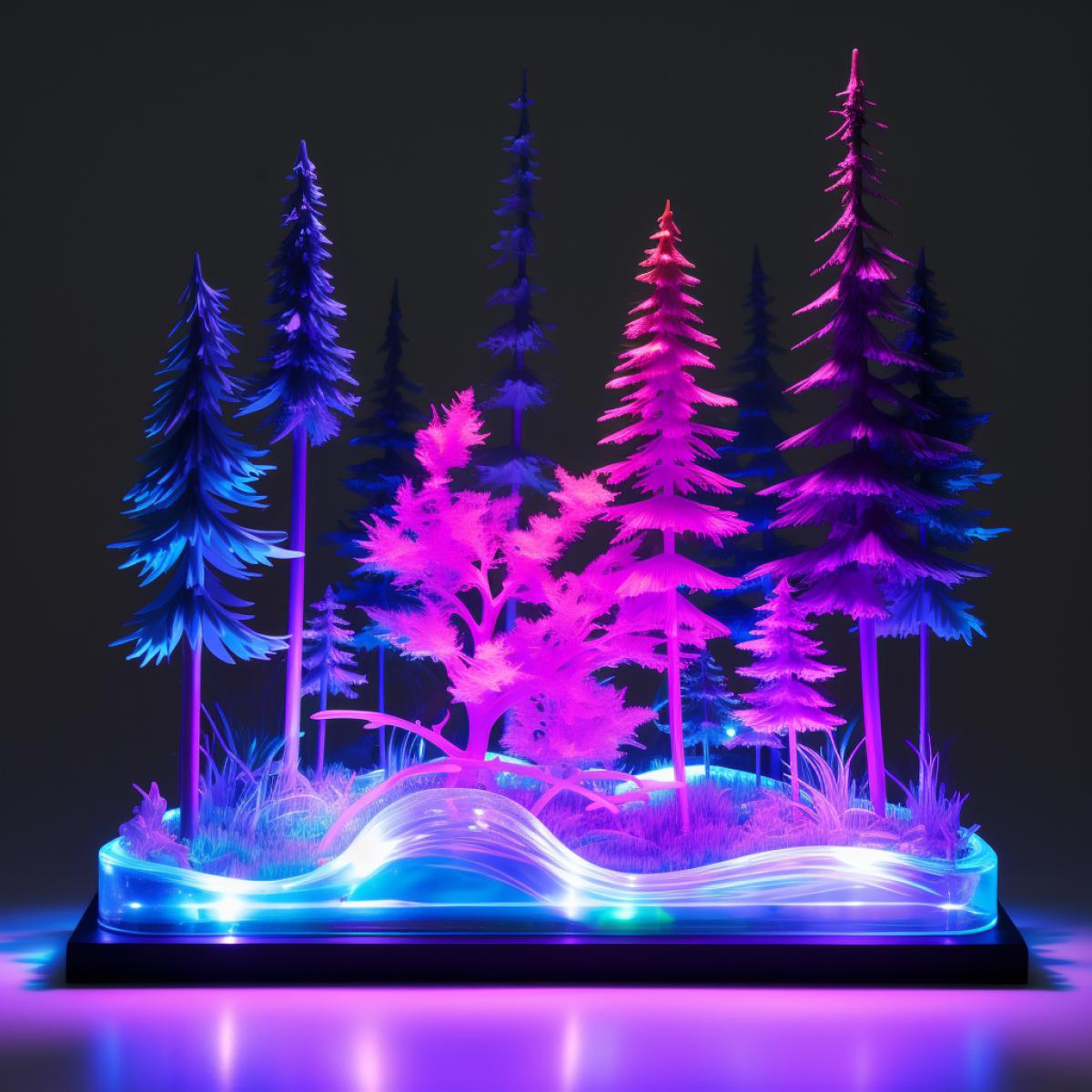 Neon Glow Stick UV fluorescent diorama forest, sculpture, sparkling, very light white background, base, real image, height resolution, 4k