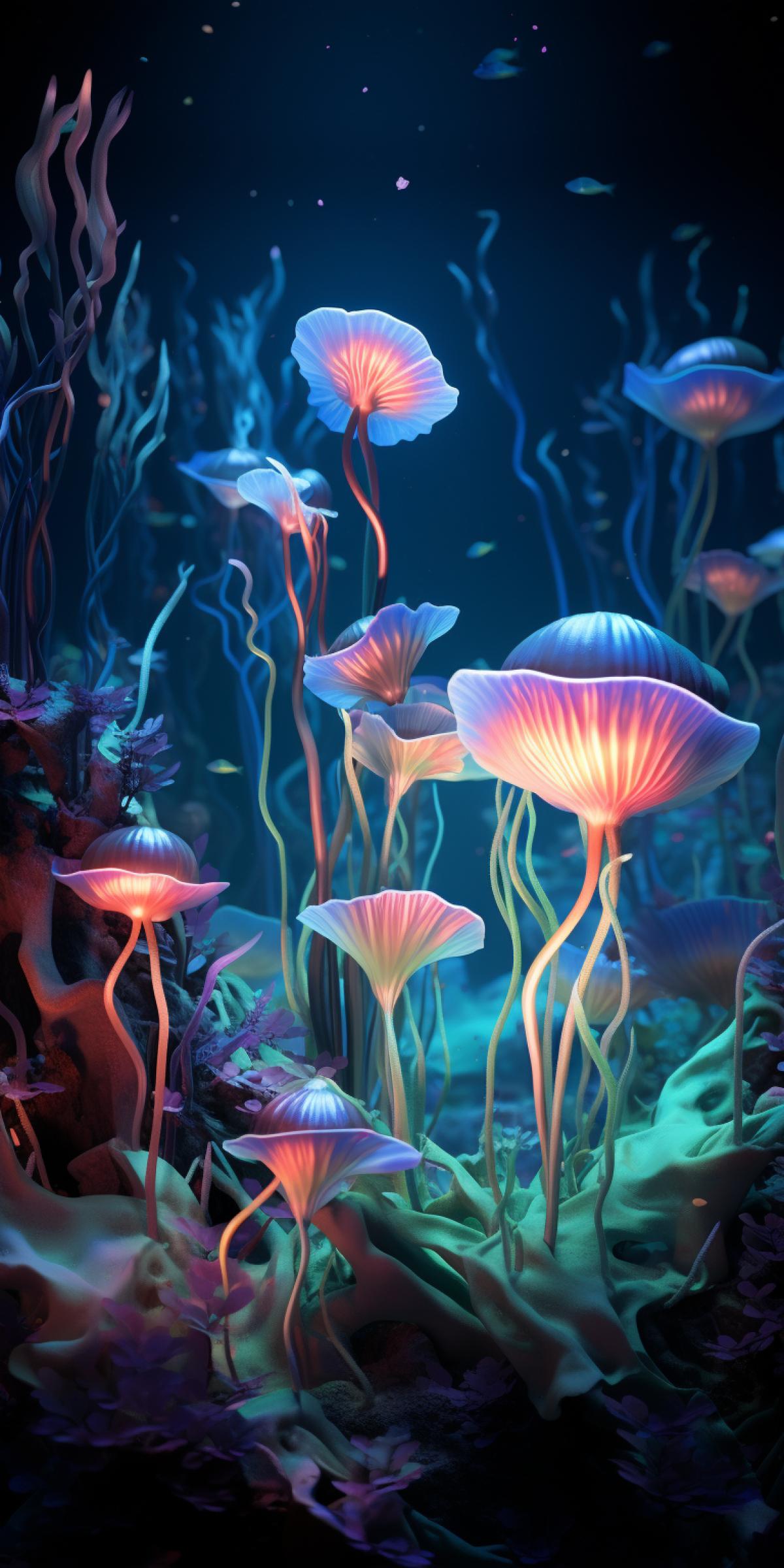 bioluminescent, seaweed, seaworld, shells, neon lighting, 8k