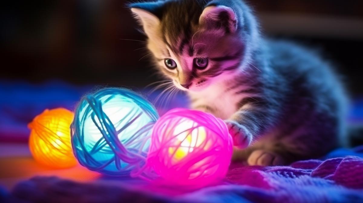 knitted kitten plays with a knitted ball, neon light, hyper details, all crocheted, completely knitted