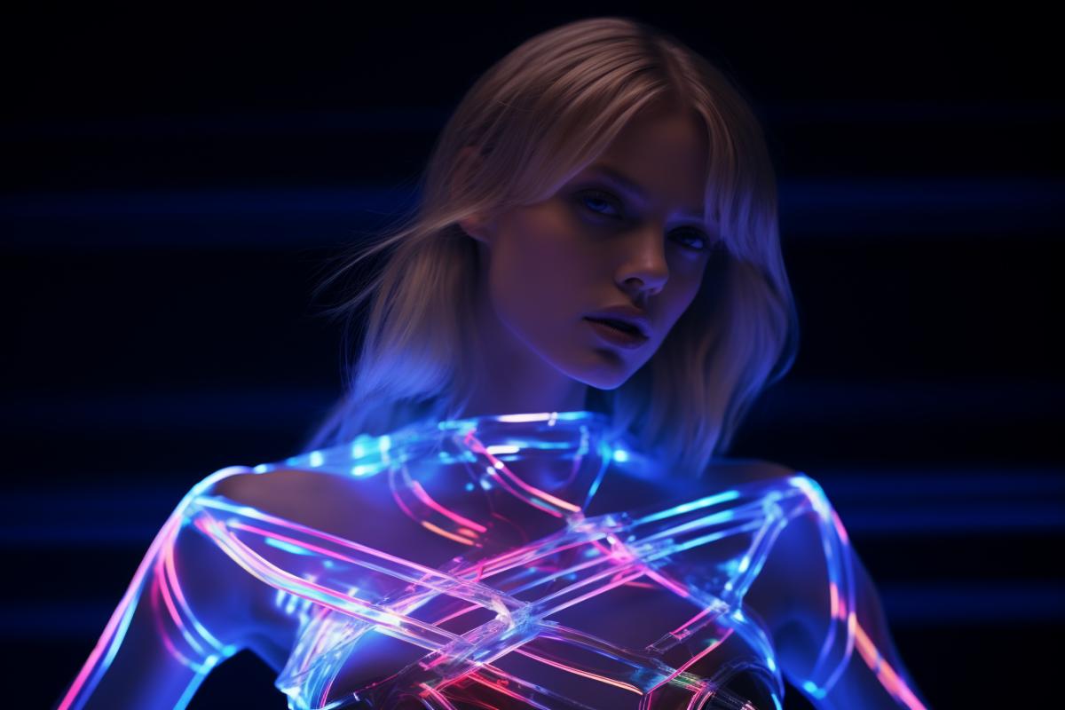 Neon Holographic Corrupted Fonts Top model, on a haute couture 4k, chiaroscuro portraitures, chemluminescent glow