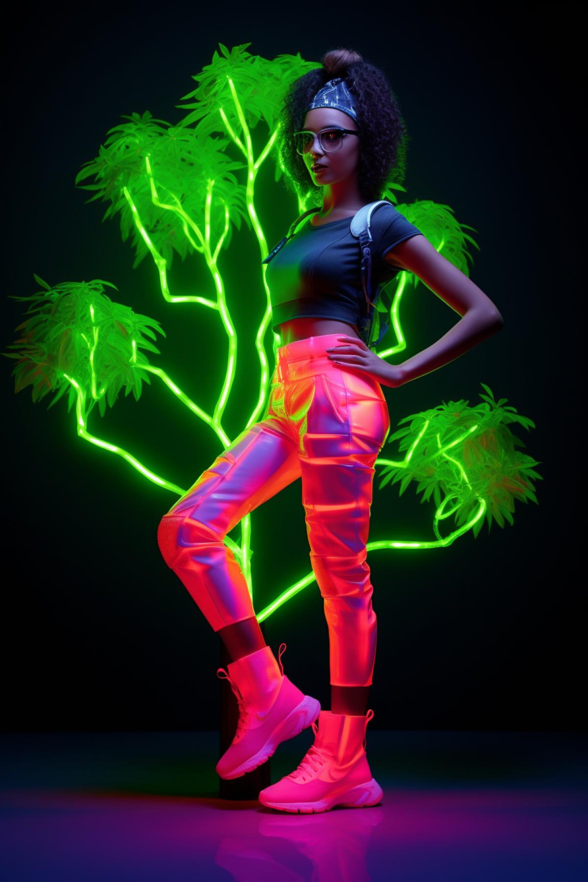 a beautiful model in neon costume with neon shoes and on a dark background, stands next to a neon tree with , professional photo
