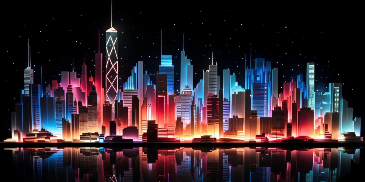 A neon city skyline view, layered paper art, op art, origami, intricate details, light art