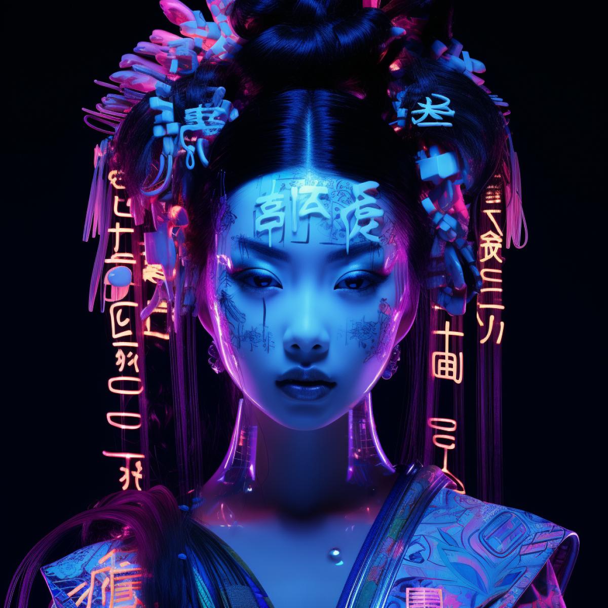 Neon Holographic Corrupted Fonts geisha, chiaroscuro portraitures, chemluminescent glow