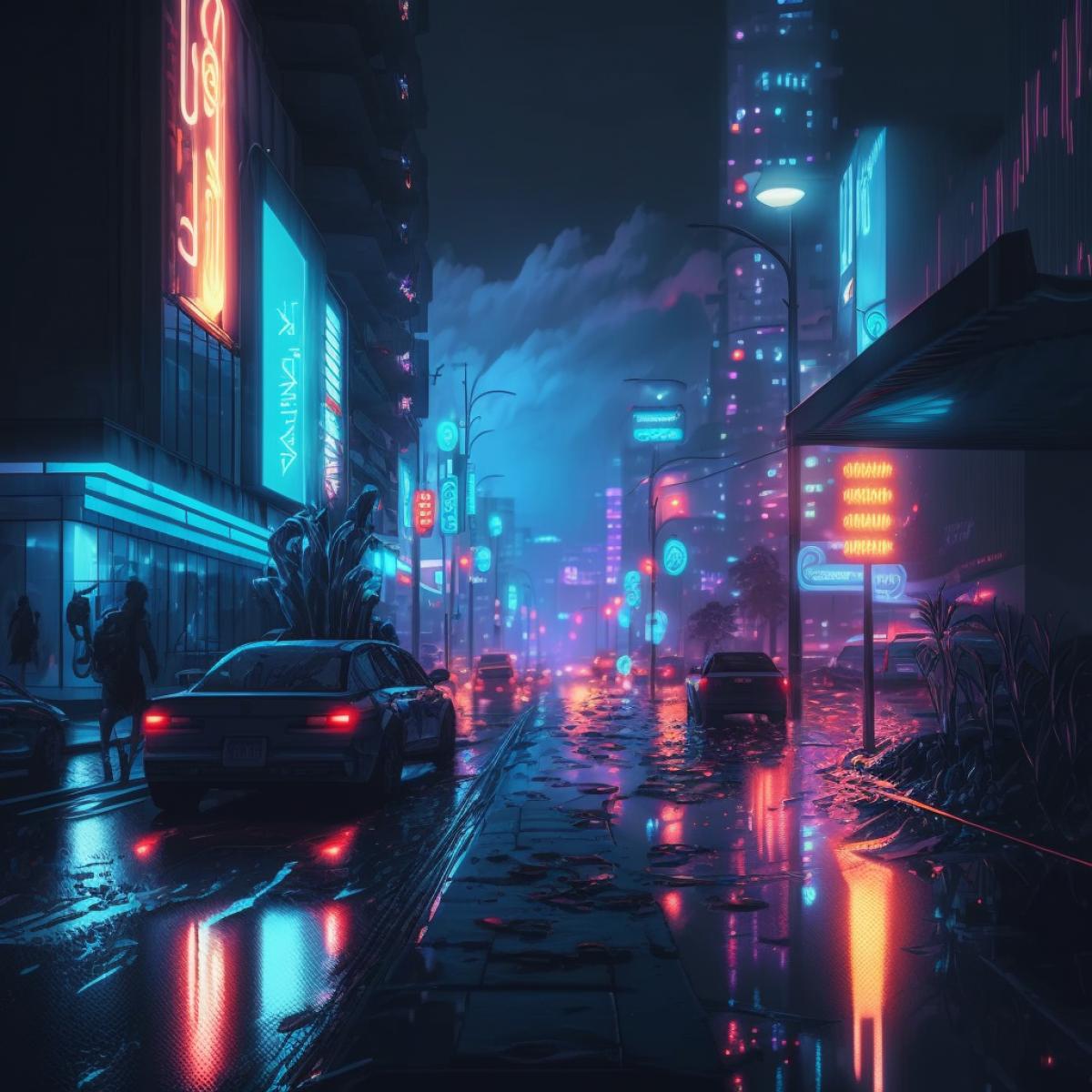 night megapolis street full of neon lights, realistic, cinematic, dramatic, hyperdetailed, hyperrealistic, horror atmosphere