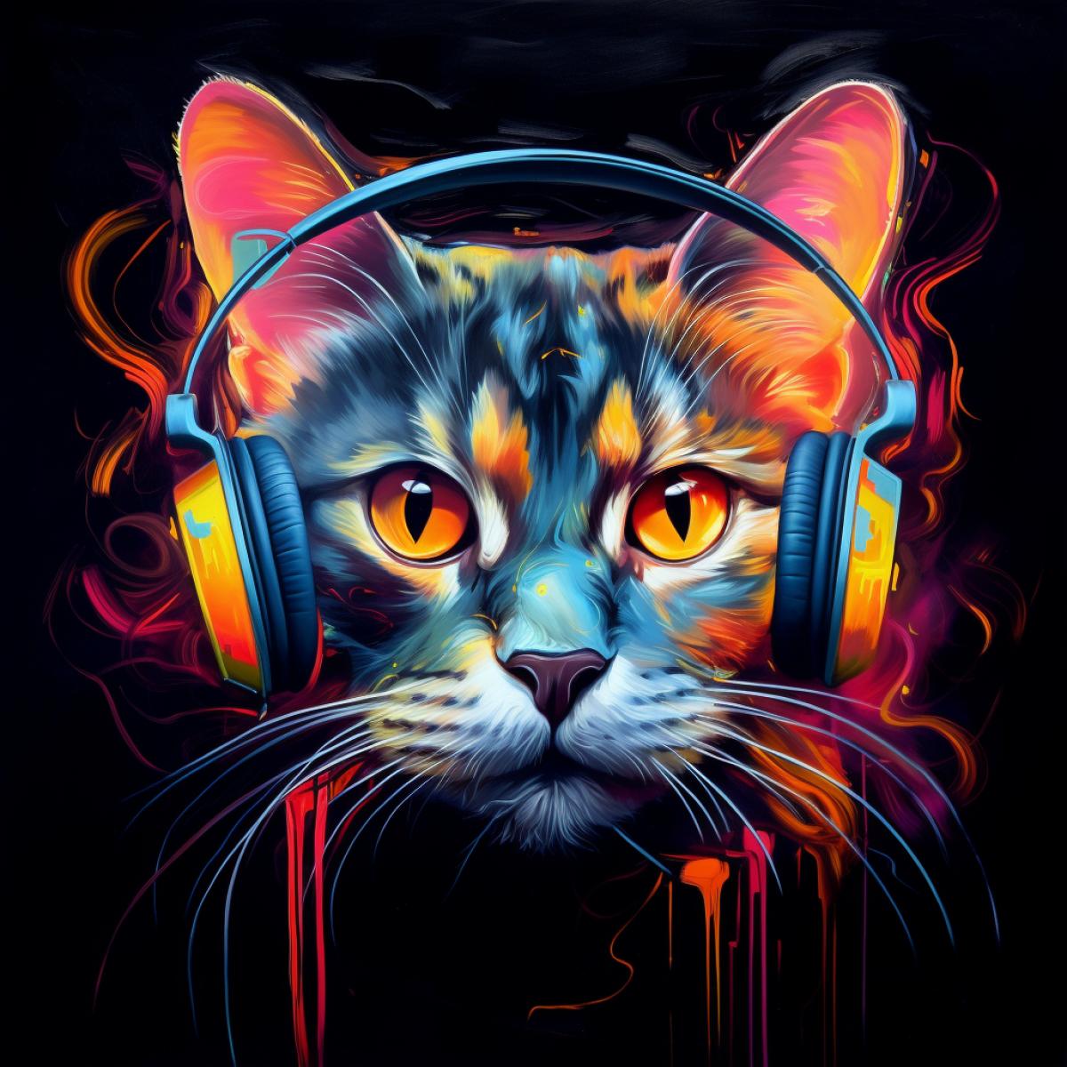 Abstract neon light painting, cat in headphones