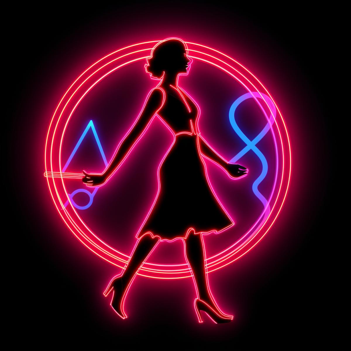 neon outline shape, pin and up girl icon by Gil Elvgren, in the style of neonpunk, minimalist backgrounds, neon, flat, limited shading, daguerreian, american barbizon school, uhd image