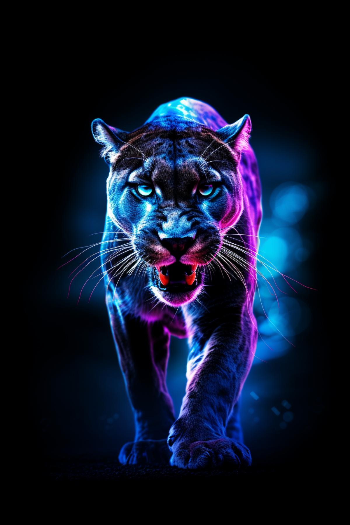 Holographic neon lighting dark cougar full height ready to attack coming out from absolutely dark space frightening horrifying image on the dark mate background