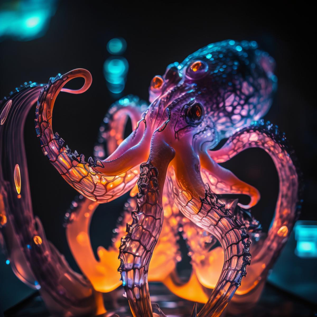 Closeup of a diamond crystalic sculpture of octopus, neon lighting, cinematic, realistic, hyper detailed, professional photo