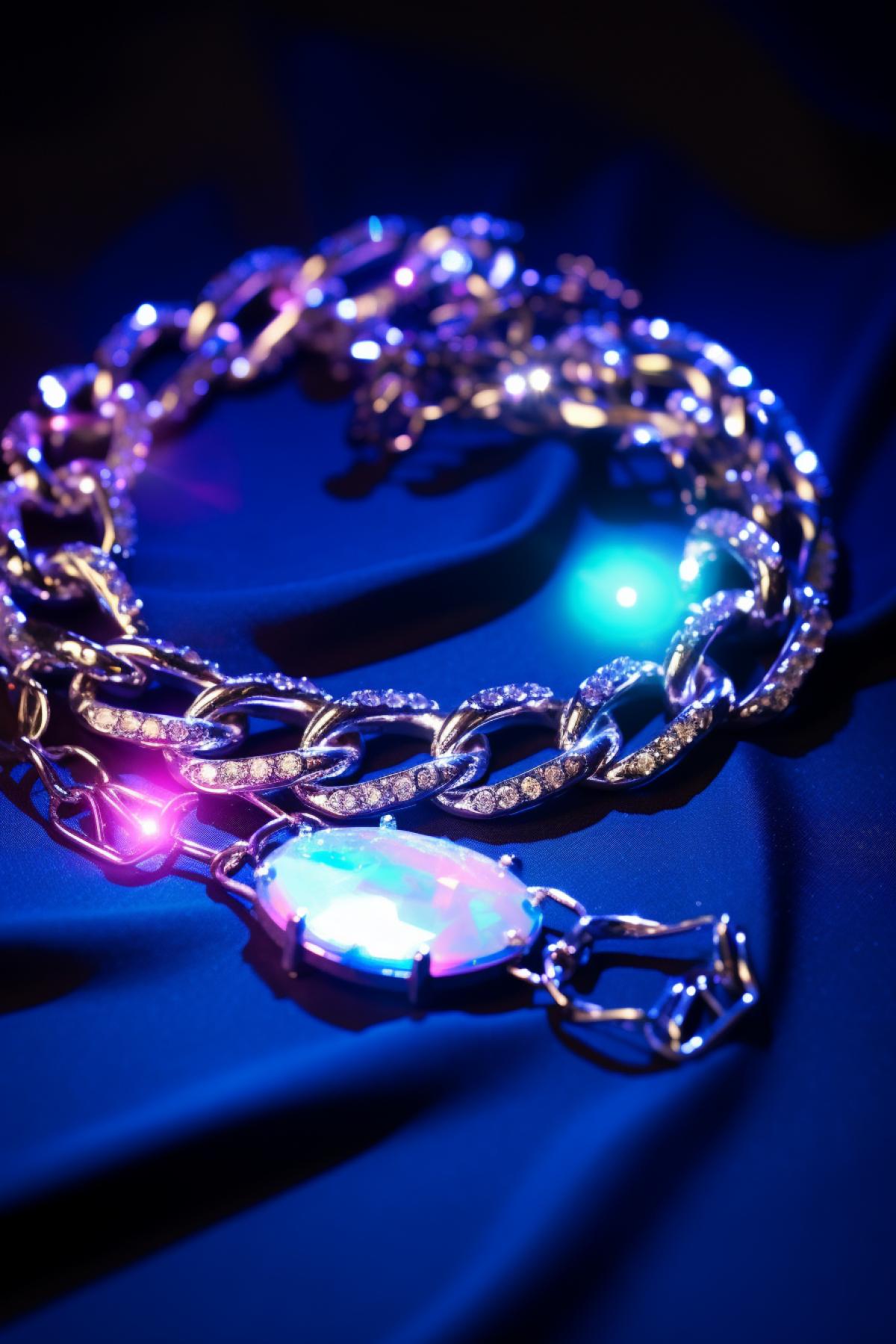 Holographic neon fluorescent galaxy in glon silver chain jewelry professional photo on violet velvet