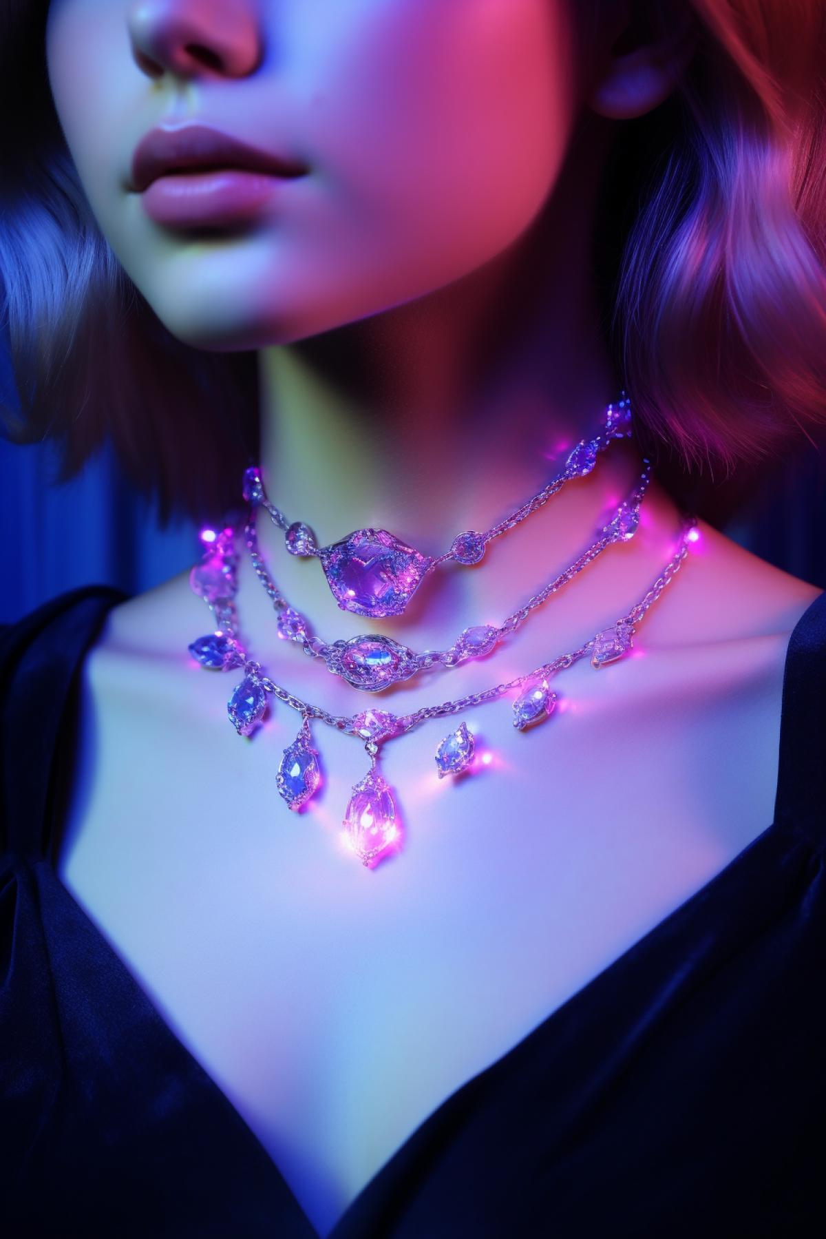 Holographic neon fluorescent galaxy in glon silver chain jewelry professional photo on violet velvet