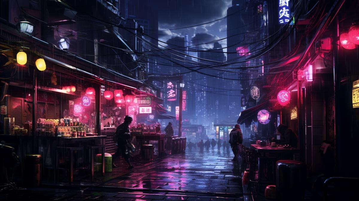 Darkness and neon, the world of a lost future, noir, anime art, the atmosphere of hopelessness and despair, depression, dystopia, high quality, good detail, detail rendering, 4K, arthouse, Evangelion, surrealism
