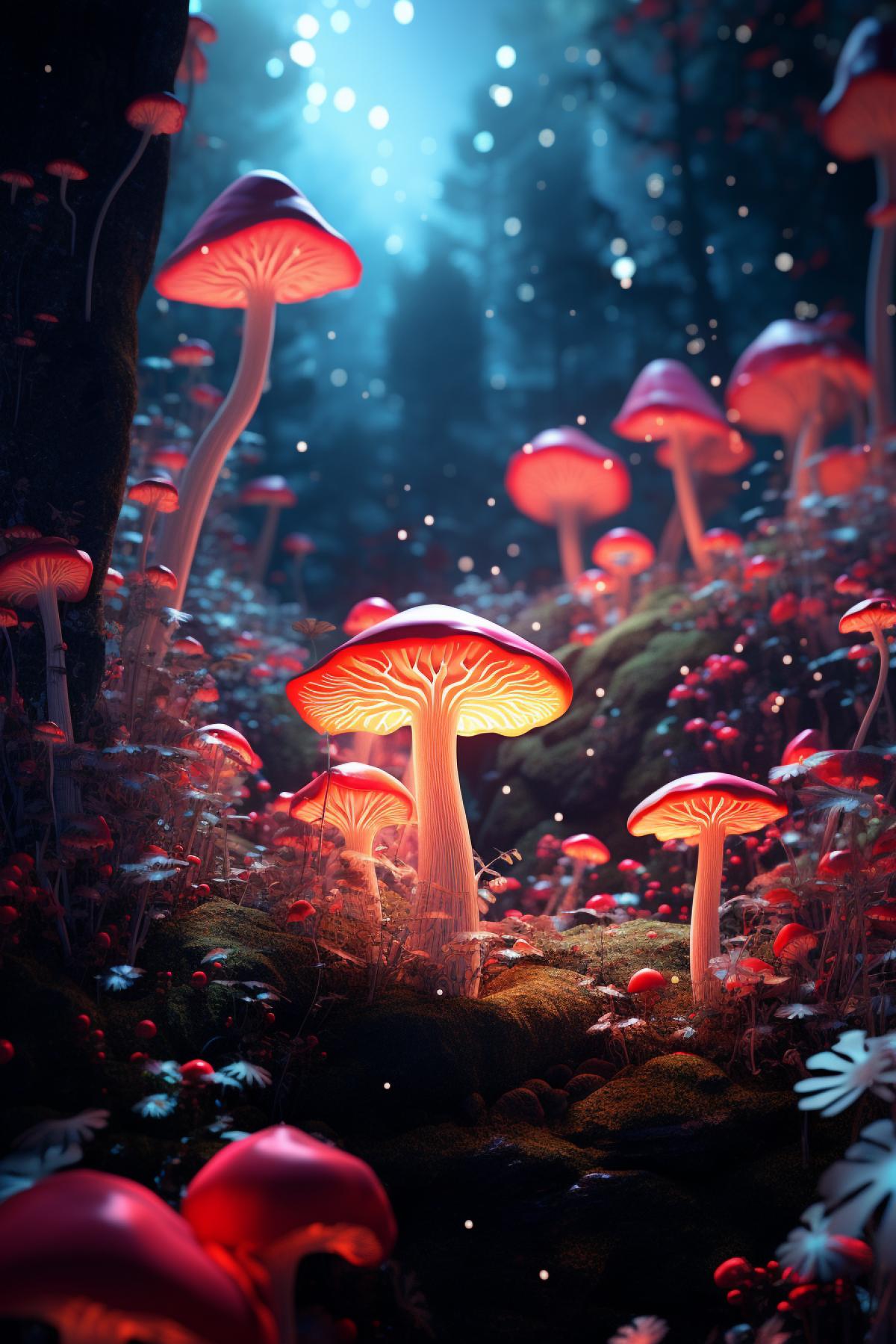 concept art,. cinematic,. RAW photo,. wide angle,. panoramic view,. magical forest with glowing mushrooms in the background,. drops,. fluorescent glowing mushroom,. neon lights in the mushrooms,. faded,. hyperdetailed,. reflective textures,. high quality render,. volumetric lighting,. soft colors,. depth of field