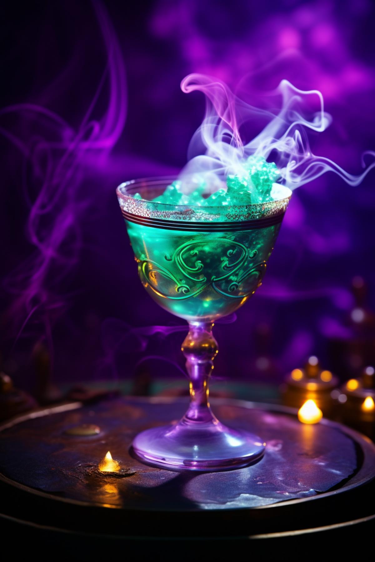 dramatic beverage photography of a mysterious futuristic candle of glass, shades of purple , glowing sparkling malachite, splashing subli swirling mist fog smoke, glowing neon lighting, sparkles